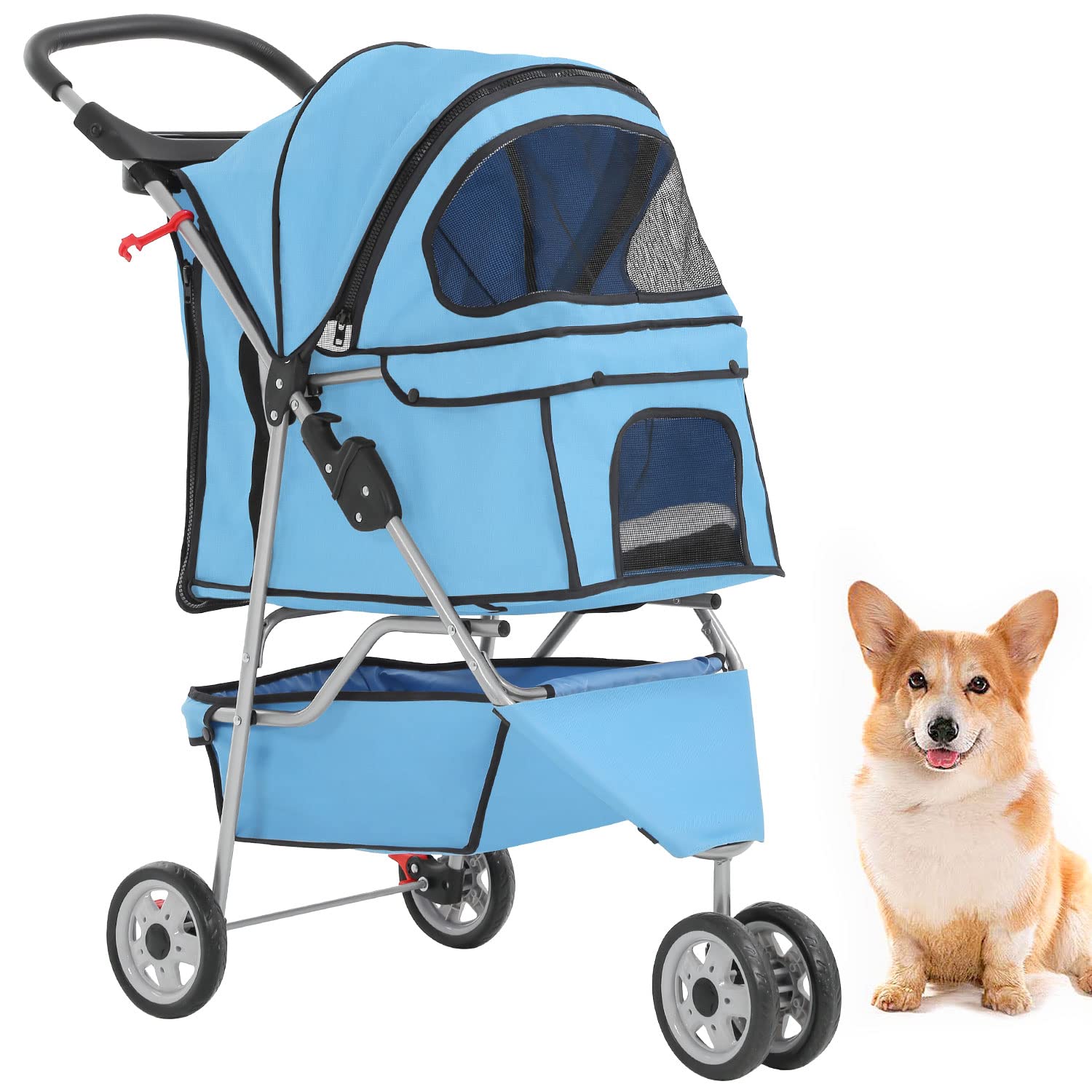 BestPet | 4-Wheel Foldable Pet Stroller | Black | Lightweight & Portable | Travel Carrier with Mesh Windows, Storage Basket, Cup Holder, Safety Brakes, and Waterproof Fabric | For Small Dogs and Cats