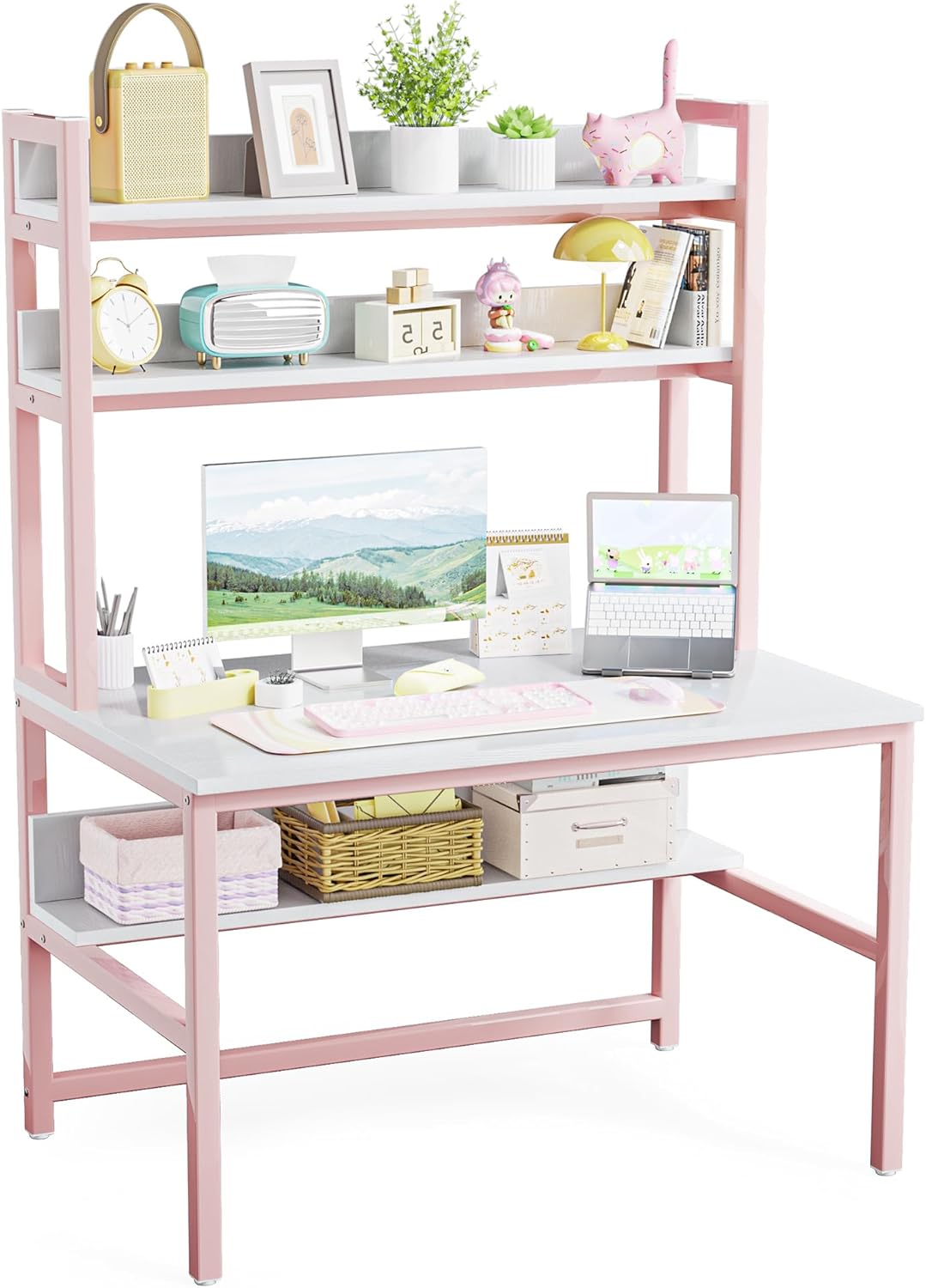 Aquzee Computer Desk with Shelves, 47" W x 23.6" D Gaming Desk with Hutch and Bookshelf