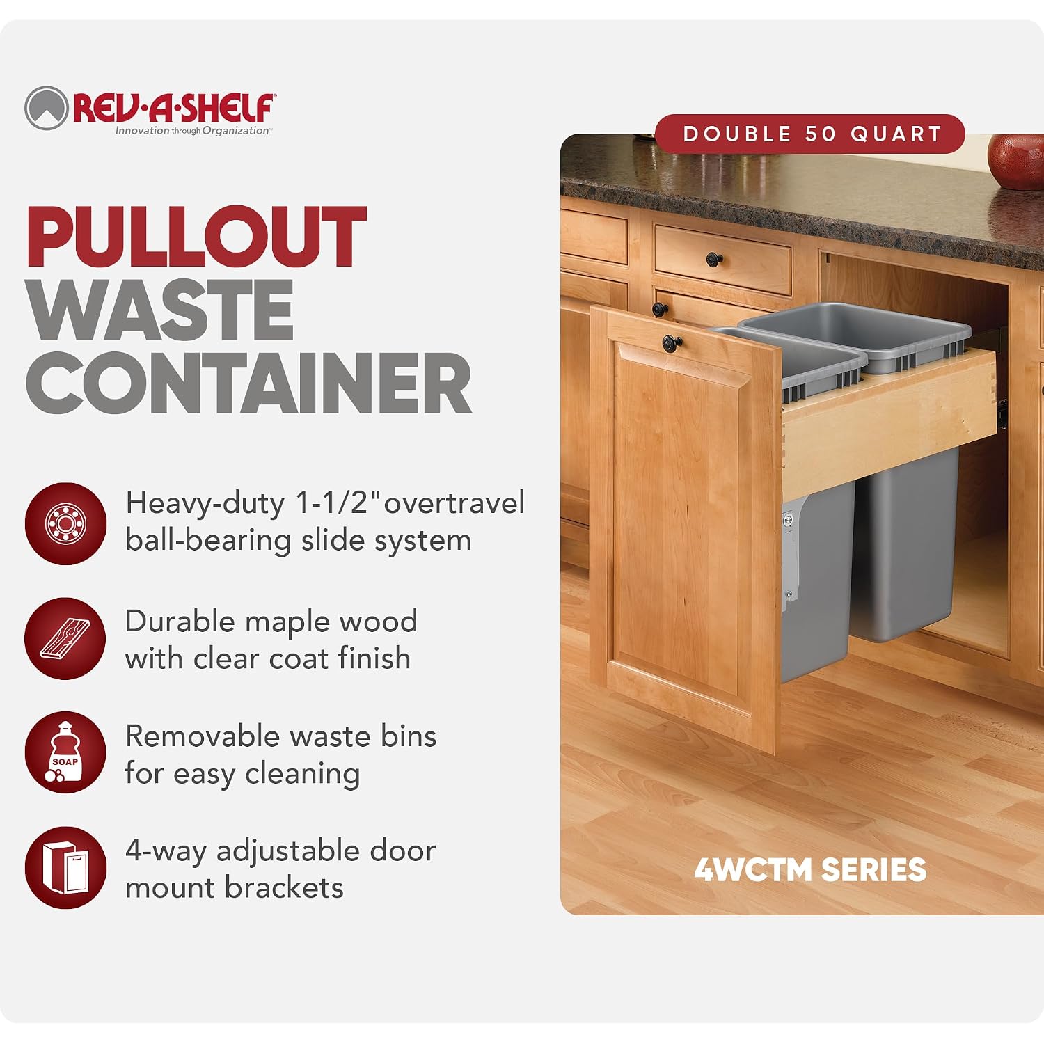Rev-A-Shelf Top Mount Double Pullout Under Cabinet 50 Quart Kitchen Trash Cans w/Soft-Close for Full Height Cabinet, 150 Pound Rated Full-Extension Slides, 4WCTM-2150BBSCDM-2