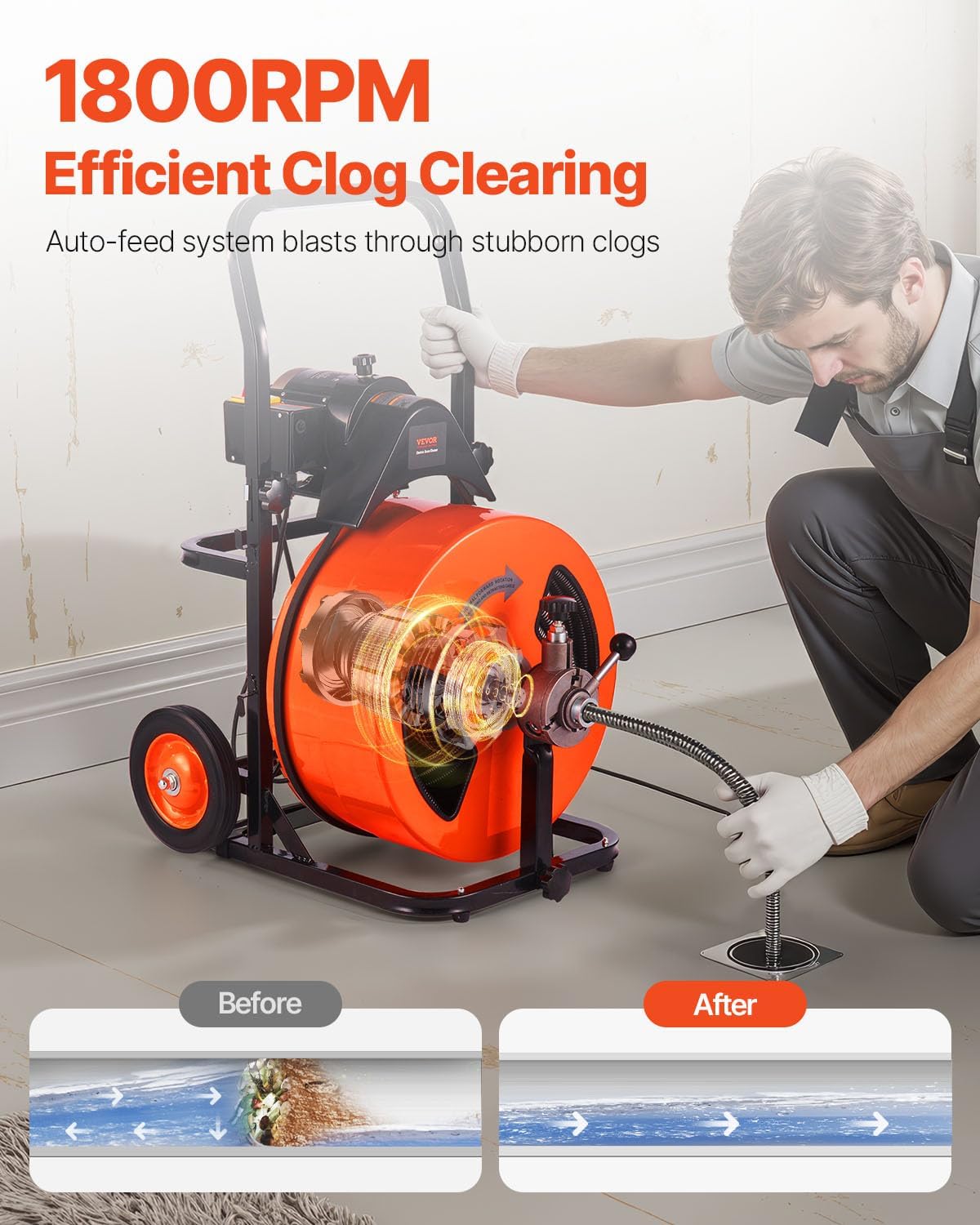 VEVOR 100FT x 3/4 Inch Drain Cleaner Machine Sewer Auger Auto Feed with 4 Cutter & Air-Activated Foot Switch for 4" to 8" Pipes, Orange, Black