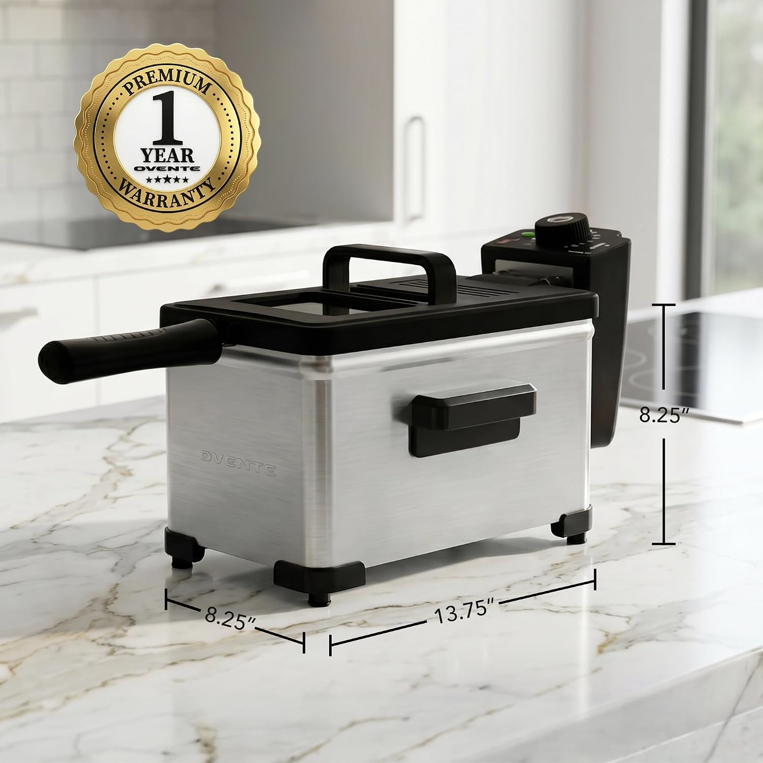 OVENTE Electric Deep Fryer, 0.9L Capacity, 840W, Silver FDM1091BR | Adjustable Temperature Knob, Locking Lid, Removable Frying Basket and Cool Touch Handle, Easy to Clean Stainless Steel Body