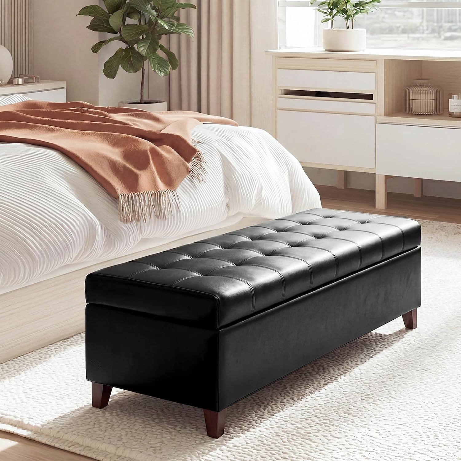 51 Inch Storage Bench,Leather Tufted Storage Ottoman with Legs | Safety Hinges,Wooden Legs,Upholstered,End of Bed,Bedroom,Living Room,Entryway,330LBS,Brown