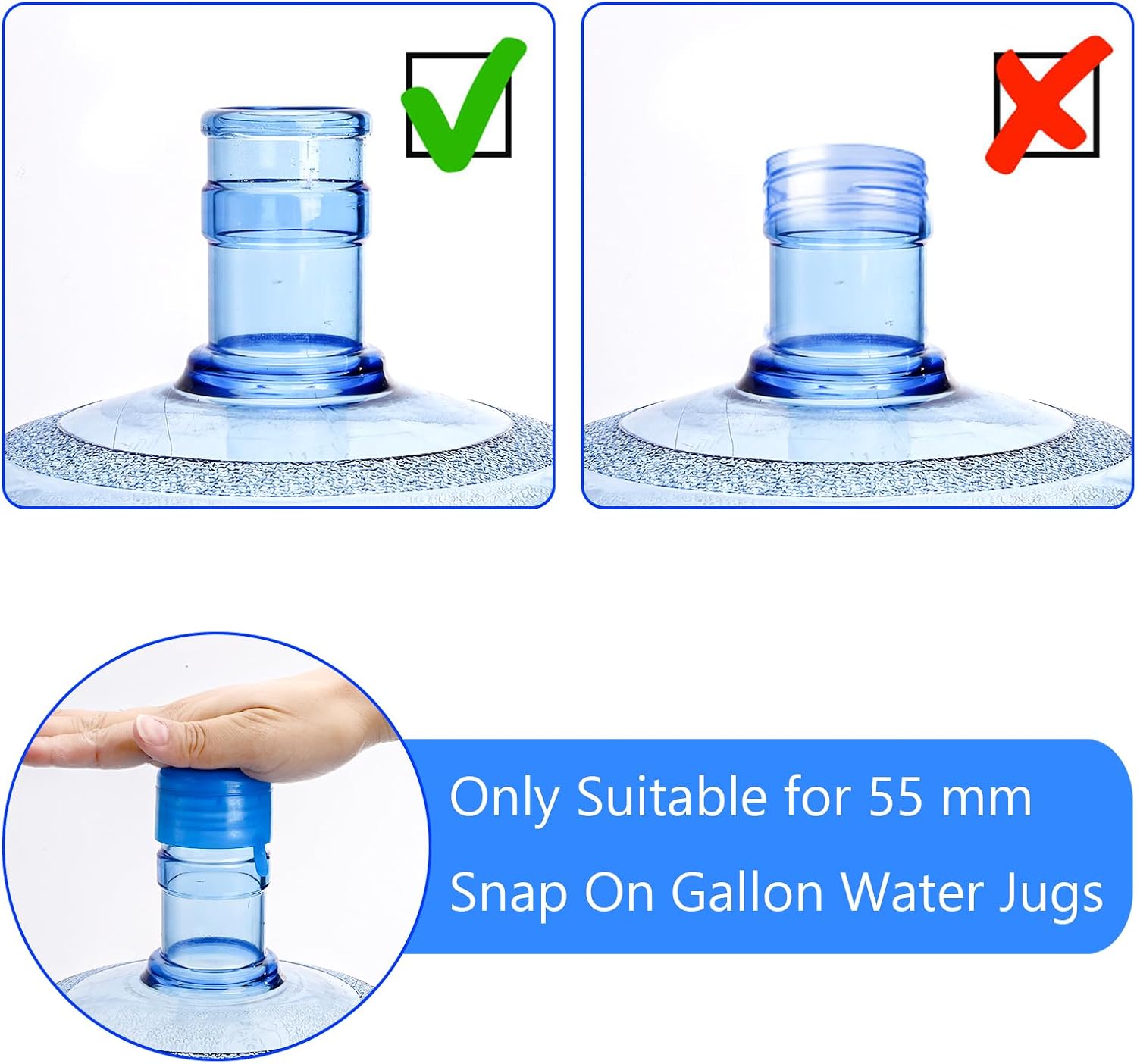 Jucoan 100 Pack Water Bottle Caps, 55mm 3&5 Gallon Non Spill Water Jug Caps, Replacement Snap On Caps for Water Dispenser Jugs