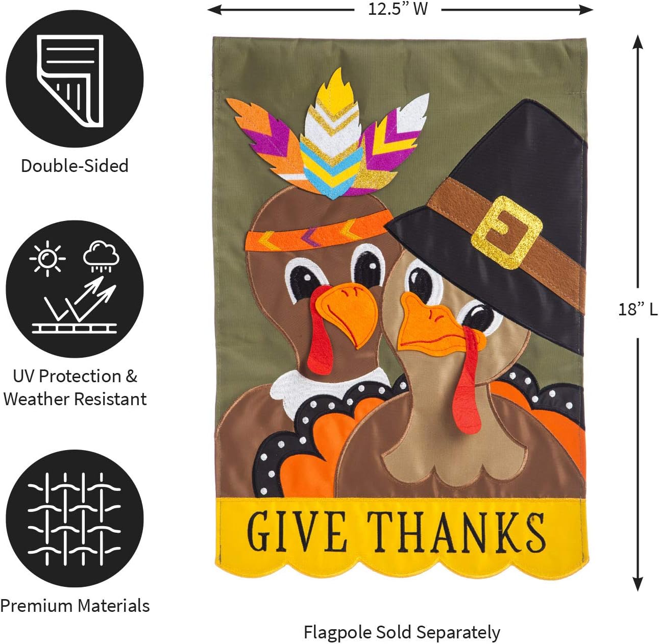 Evergreen Flag Embellished Pilgrim Couple Applique Garden Flag - 12.5 x 18 Inches Outdoor Decor for Homes and Gardens