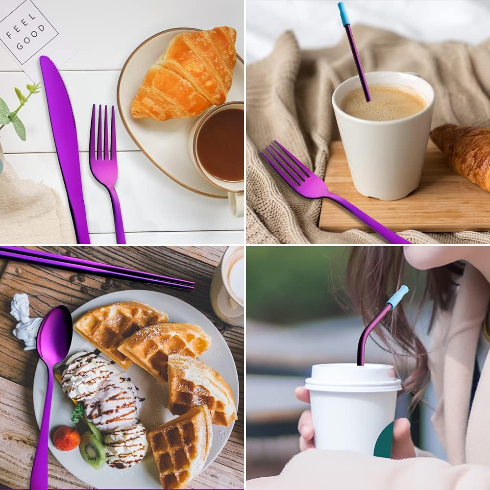 Travel Utensils Set with Case Reusable Portable Cutlery Set Stainless Steel 8pcs Including Dinner Knife Fork Spoon Chopsticks Straws(Rainbow)