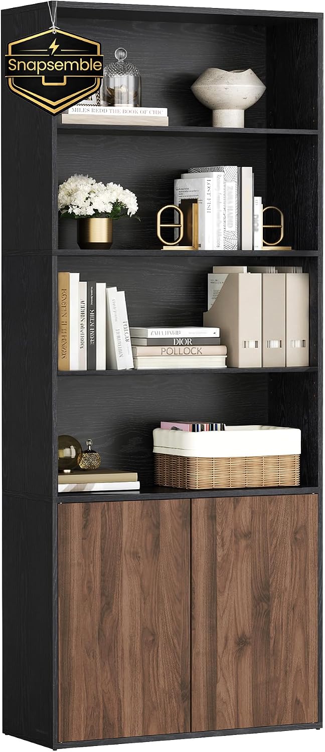 SONGMICS HOME Book Shelf, Snapsemble Superfast Assembly, 6-Tier Floor Standing Bookcase with Doors and Adjustable Shelves, 70.4 Inches Tall for Bedroom Study Living Room, Snow White
