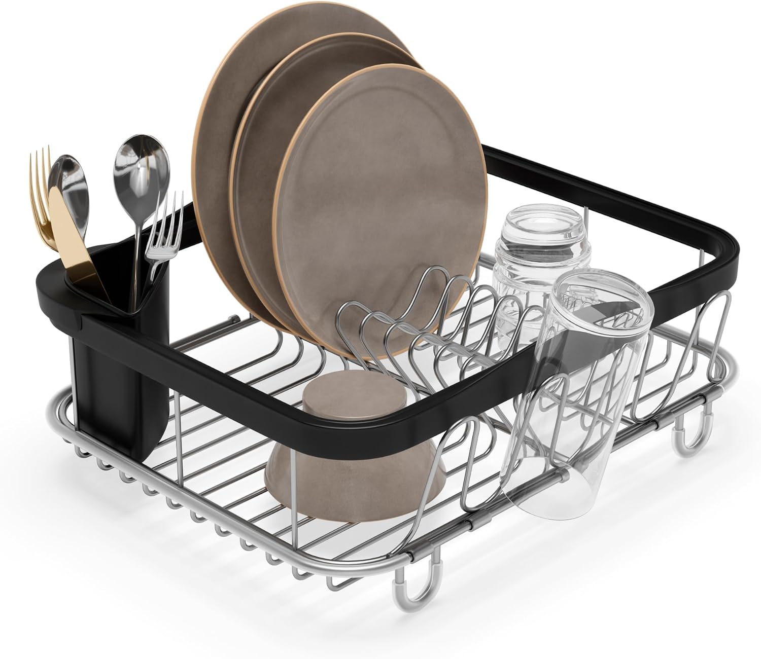 Umbra Sinkin Dish Drying Rack, in Sink or Countertop Drainer, Black/Nickel | Removable utensil holder, non slip rubber feet, fits standard sizes, coated wire and plastic