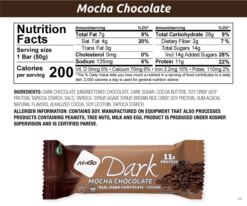 NuGo Dark, Mint Chocolate Chip, 13g Vegan Protein Bar, Gluten Free, 24 CT
