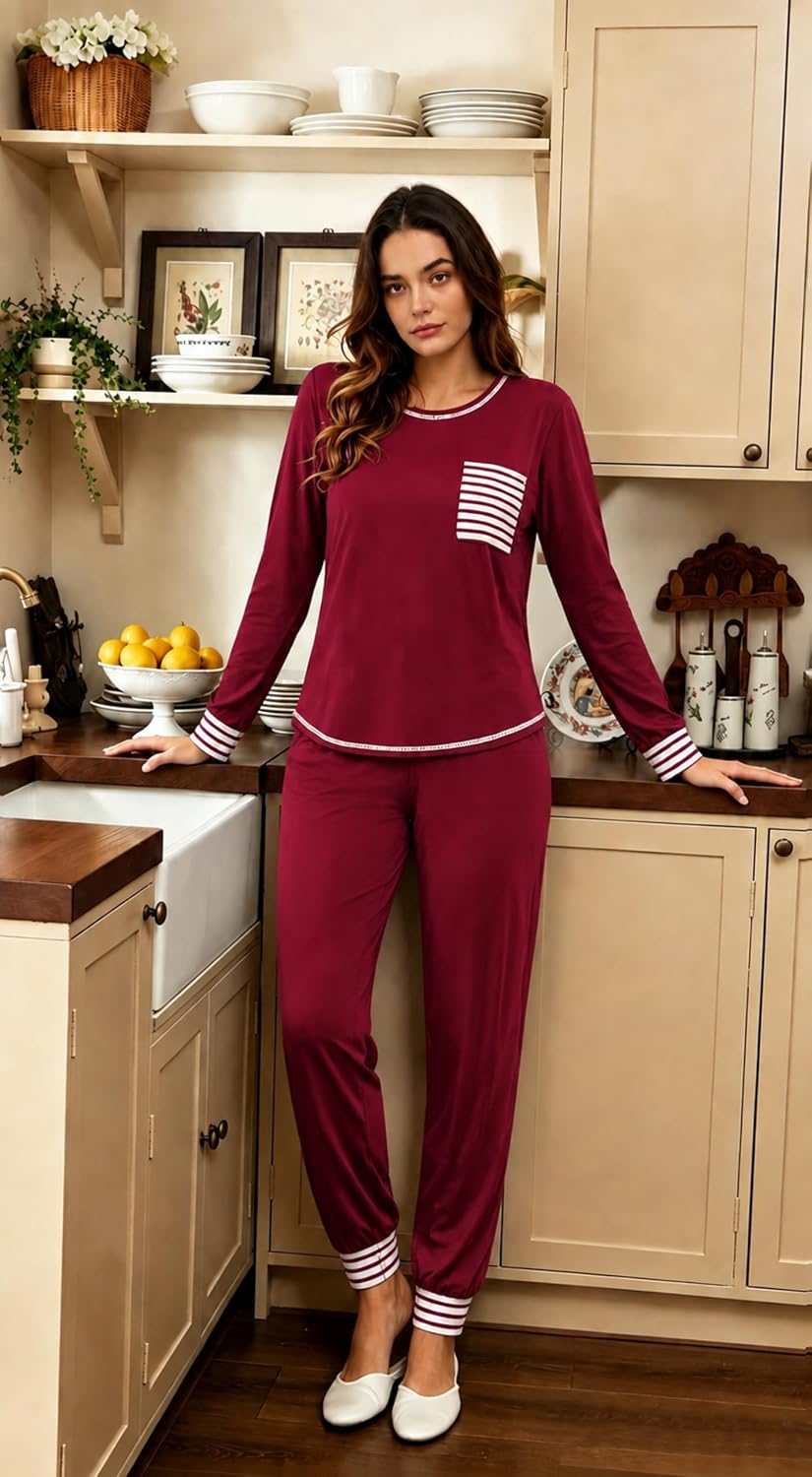 SWOMOG Women’s Pajamas Set Long Sleeve Sleepwear with Long Pants Soft Modal Loungewear Pj Set