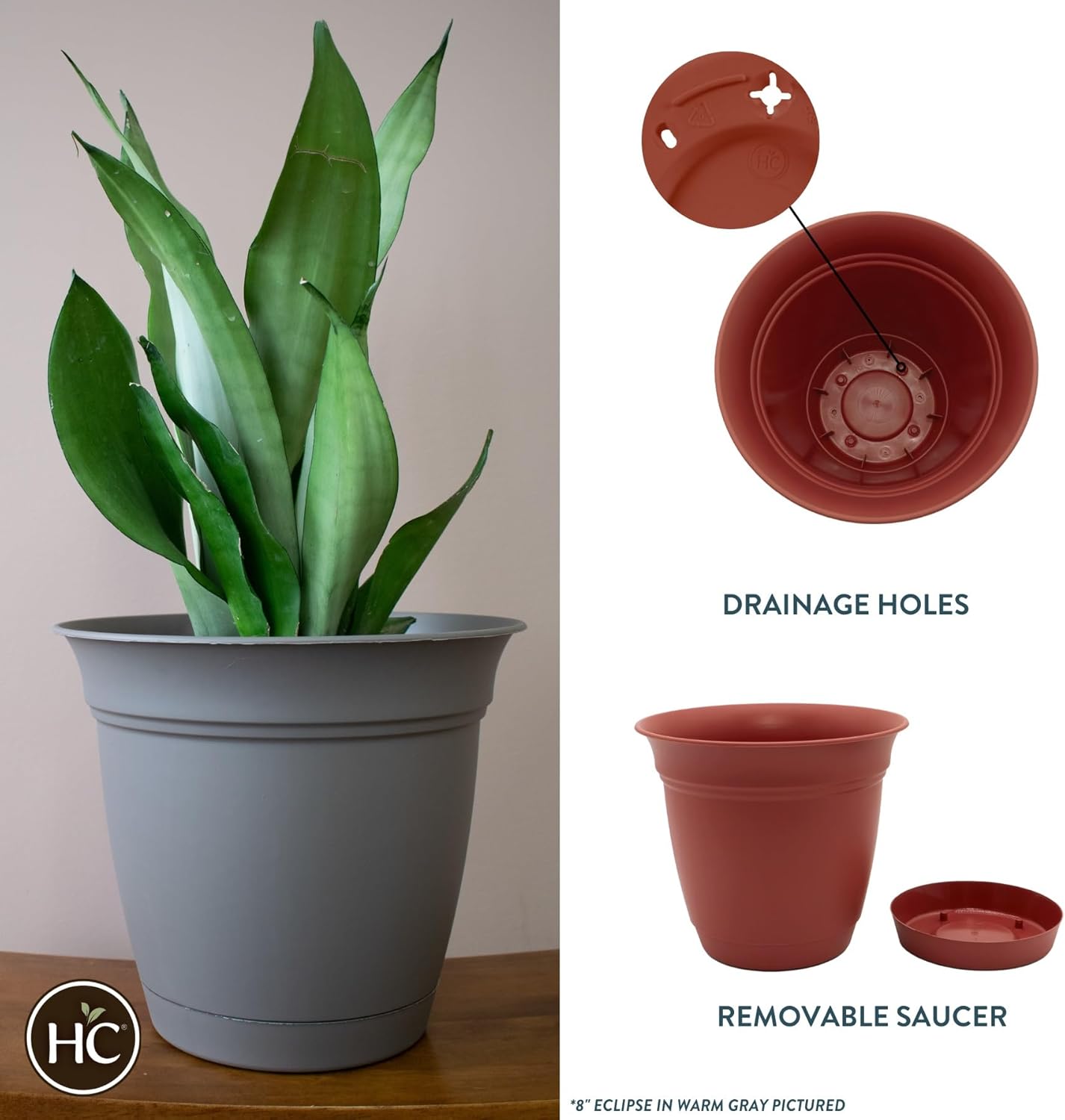 The HC Companies Eclipse Round Planter with Saucer - Outdoor & Indoor Plant Pot with Drainage Holes - Lightweight