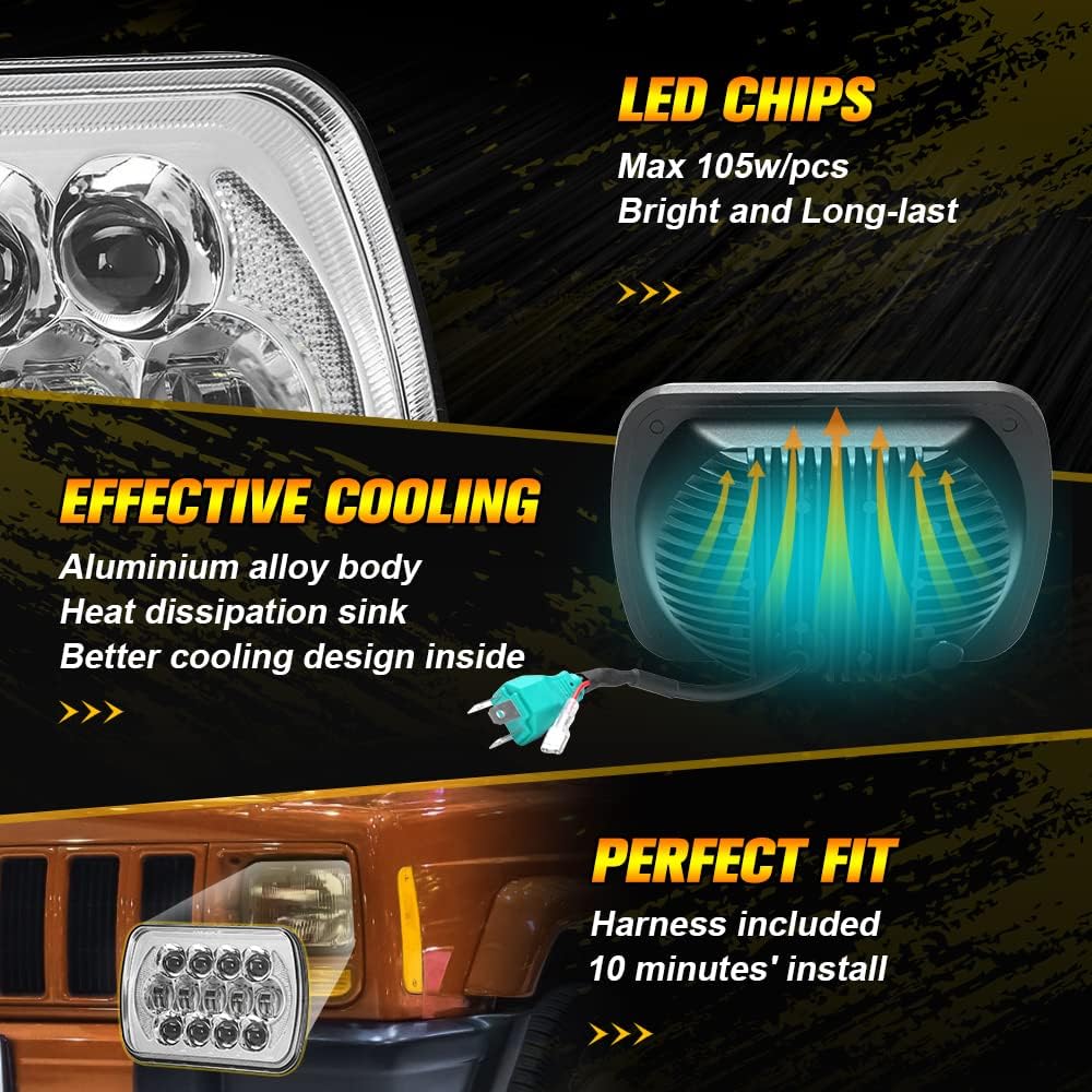 SPL DOT Approved 105W Brightest Black 5x7 7x6 Projector Led Headlights Anti-glare Hi/Low Sealed Beam H6054 H5054 with DRL Compatible with Jeep Wrangler YJ Cherokee XJ Ford Chevy GMC Toyota etc
