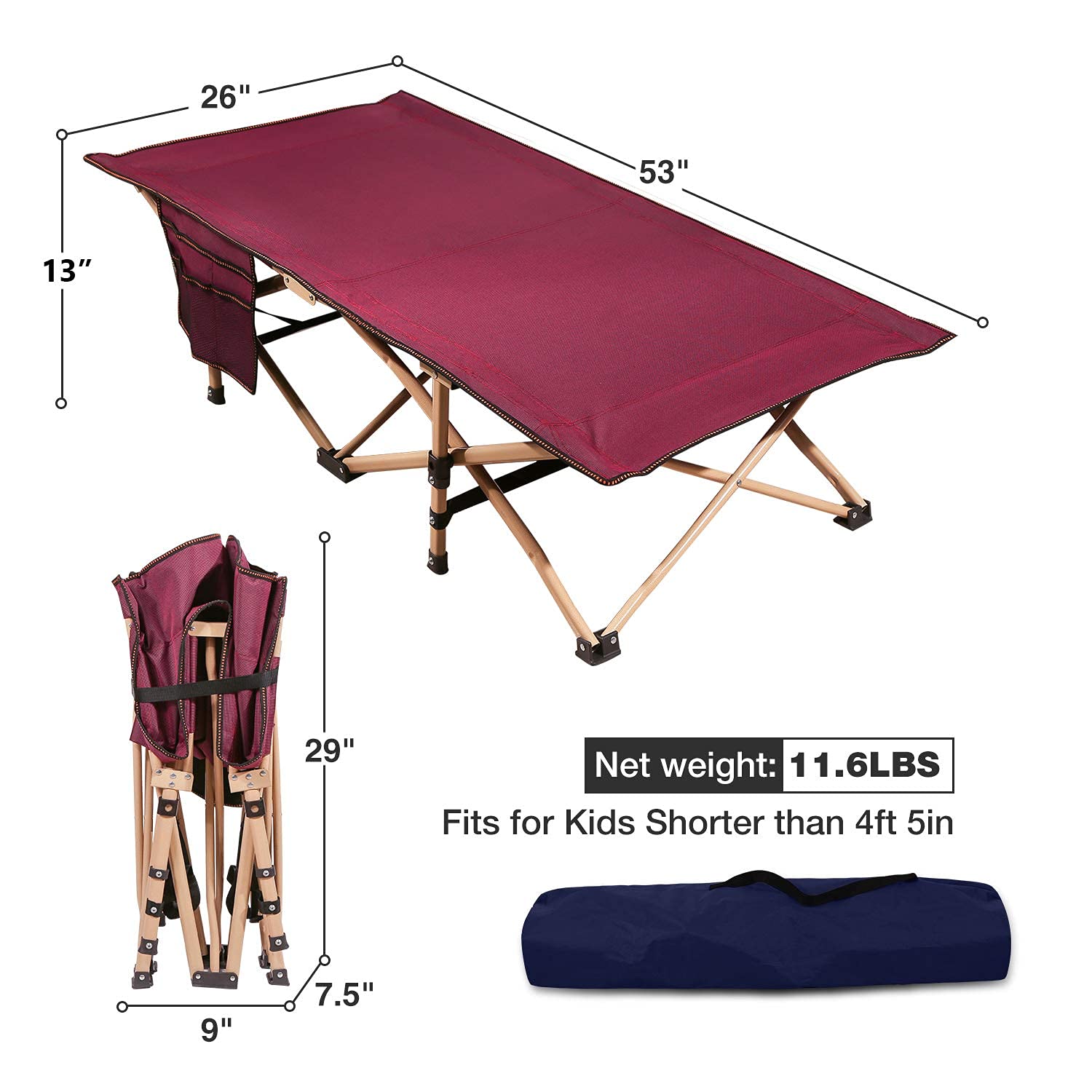 REDCAMP Extra Long Kids Cot for Camping 2-7 Years, Portable Travel Toddler Cot Bed with Carry Bag, Lightweight for Outdoor Indoor Home, Blue 53''x26''