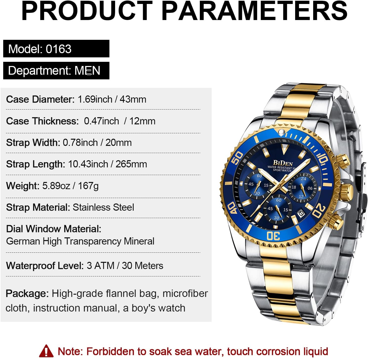 BIDEN Mens Watches Chronograph Gold Blue Stainless Steel Waterproof Date Analog Quartz Watch Business Casual Fashion Wrist Watches for Men