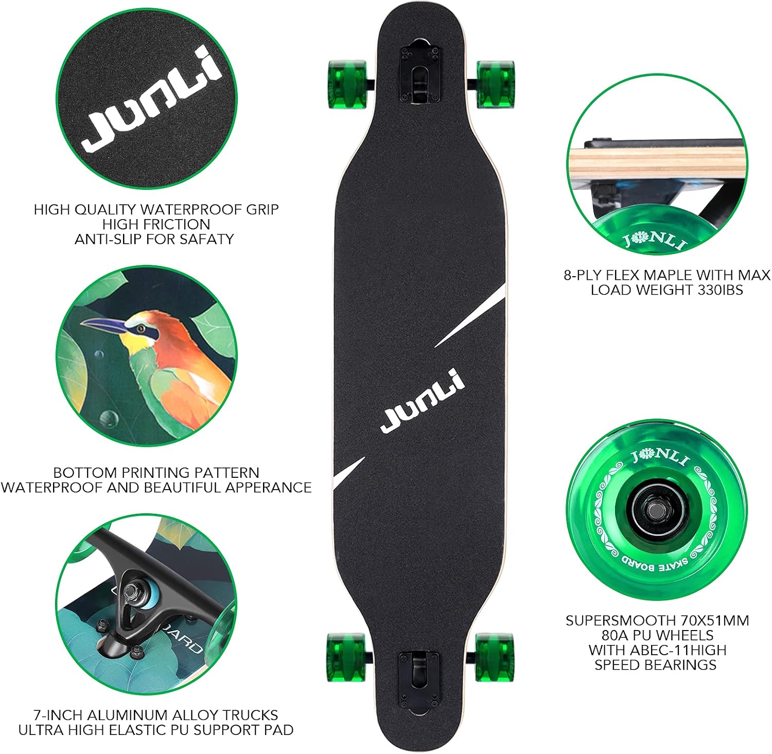 Junli 41 Inch Freeride Skateboard Longboard - Complete Skateboard Cruiser for Cruising, Carving, Free-Style and Downhill