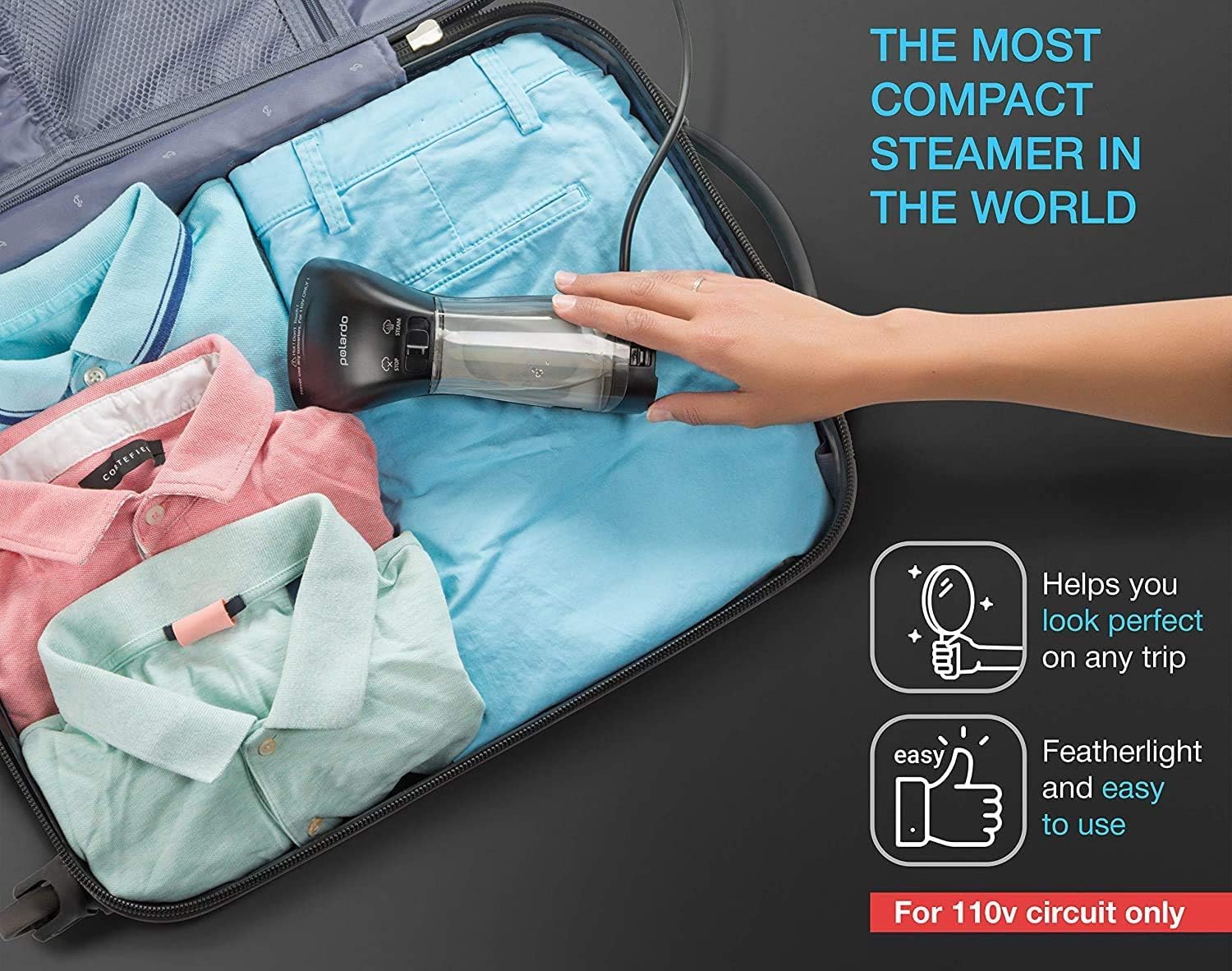 Polardo Travel Garment Steamer - Compact Portable Handheld Clothes Steamer with 360° Anti-Spill Technology