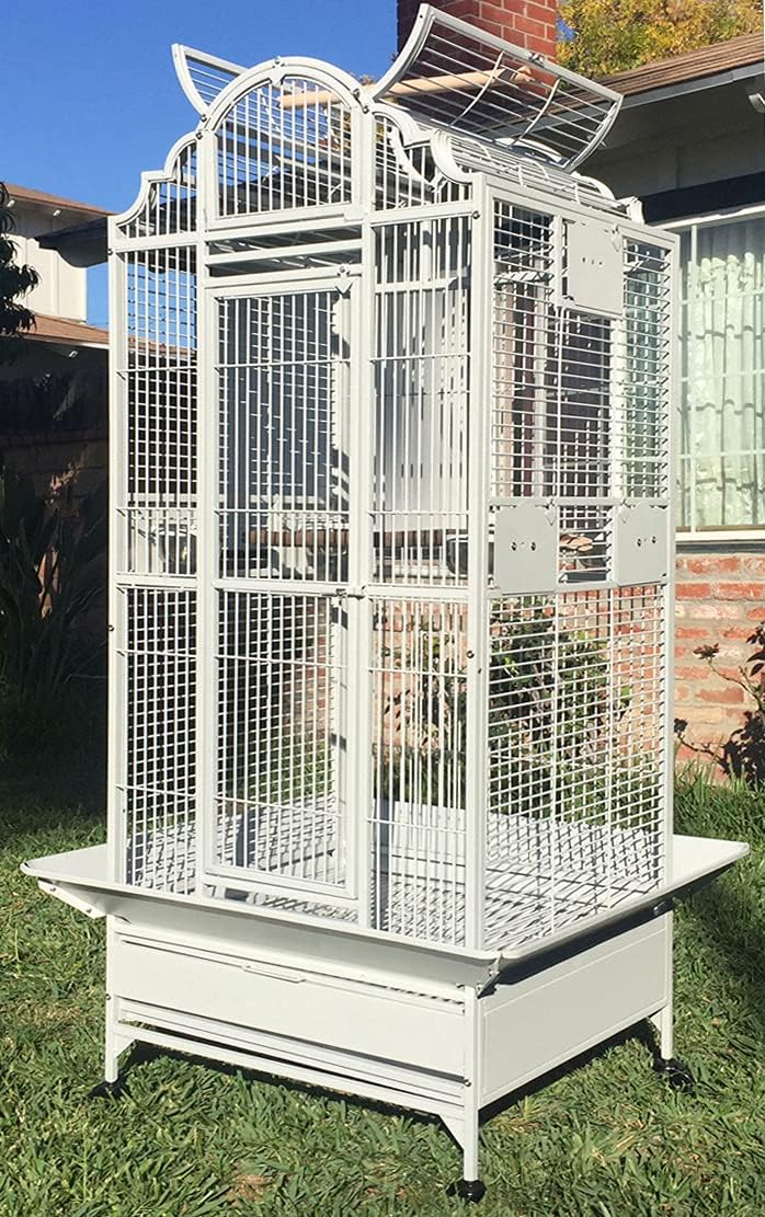 Large Elegance and Durable Wrought Iron Open Play Top Stand Bird Parrot Rolling Cage, Include Metal Seed Guard Solid Metal Feeder Nest Door (White Vein, 24.0" L x 22.0" W x 63.0" H)