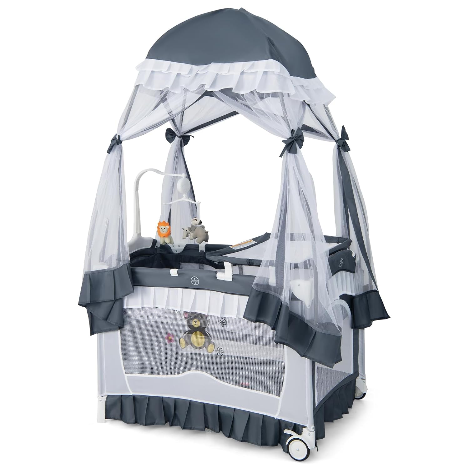 HONEY JOY 4-in-1 Pack and Play with Canopy, Portable Baby Playard w/Changing Table and Infant Bassinet Cute Toys & Music