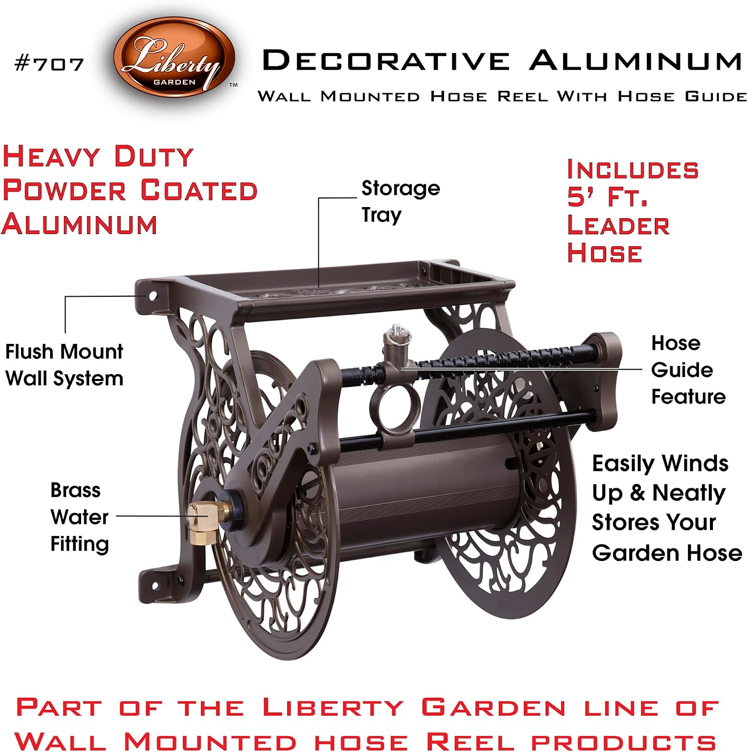 Liberty GARDEN 704 Decorative Cast Aluminum Wall Mount Garden Hose Reel, Holds 125-Feet of 5/8-Inch Hose - Bronze