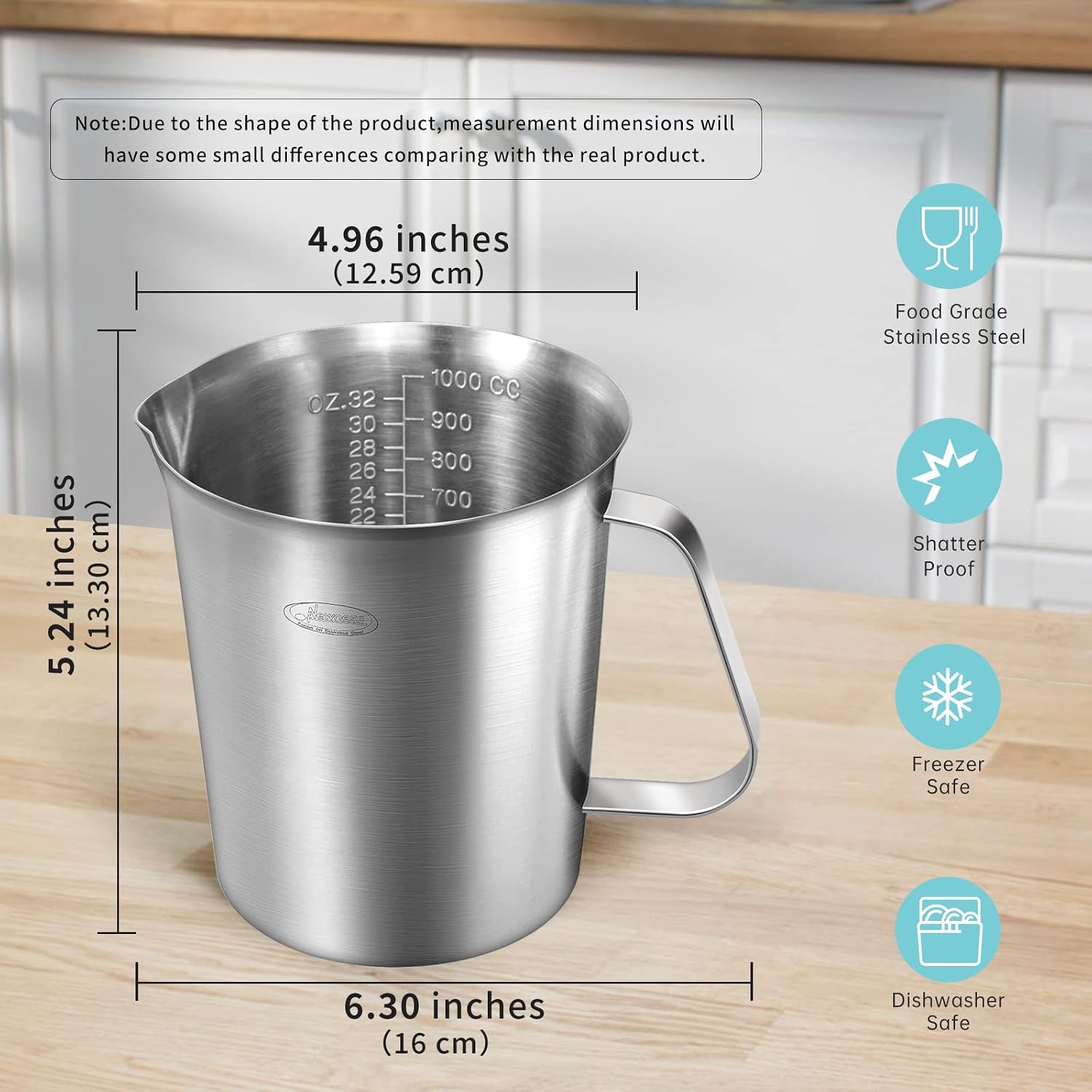 Newness Stainless Steel Measuring Cup, Metal Measuring Cup with Handle (Upgraded, 3 Marking Including Cup/ML/Ounce Scale), 16 Ounces (0.5 Liter, 2 Cup)