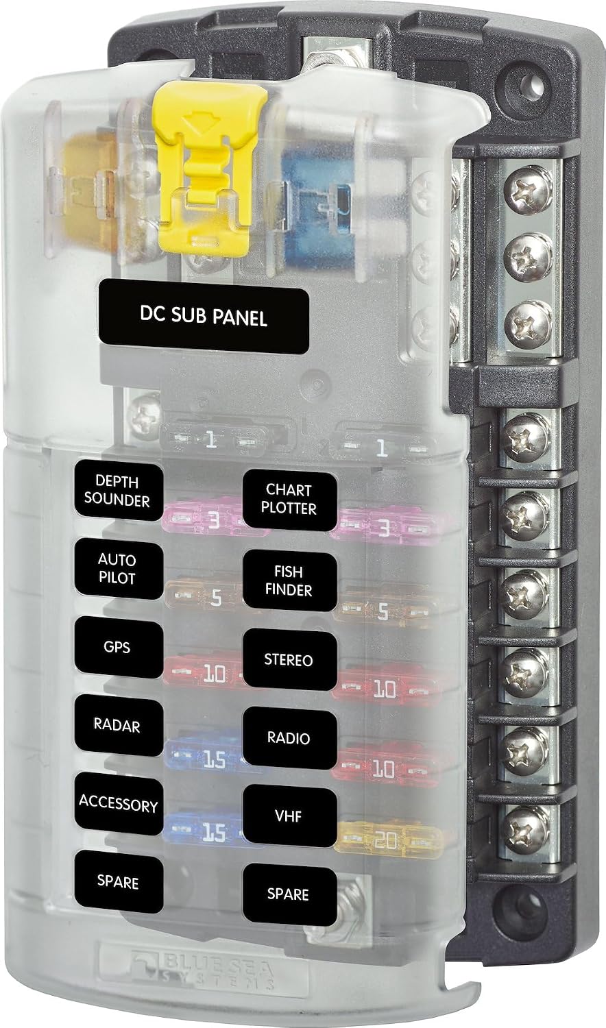 Blue Sea Systems ST Blade Fuse Block 6 Way Circuits with Negative Bus and Cover, 100 Amps, 5025