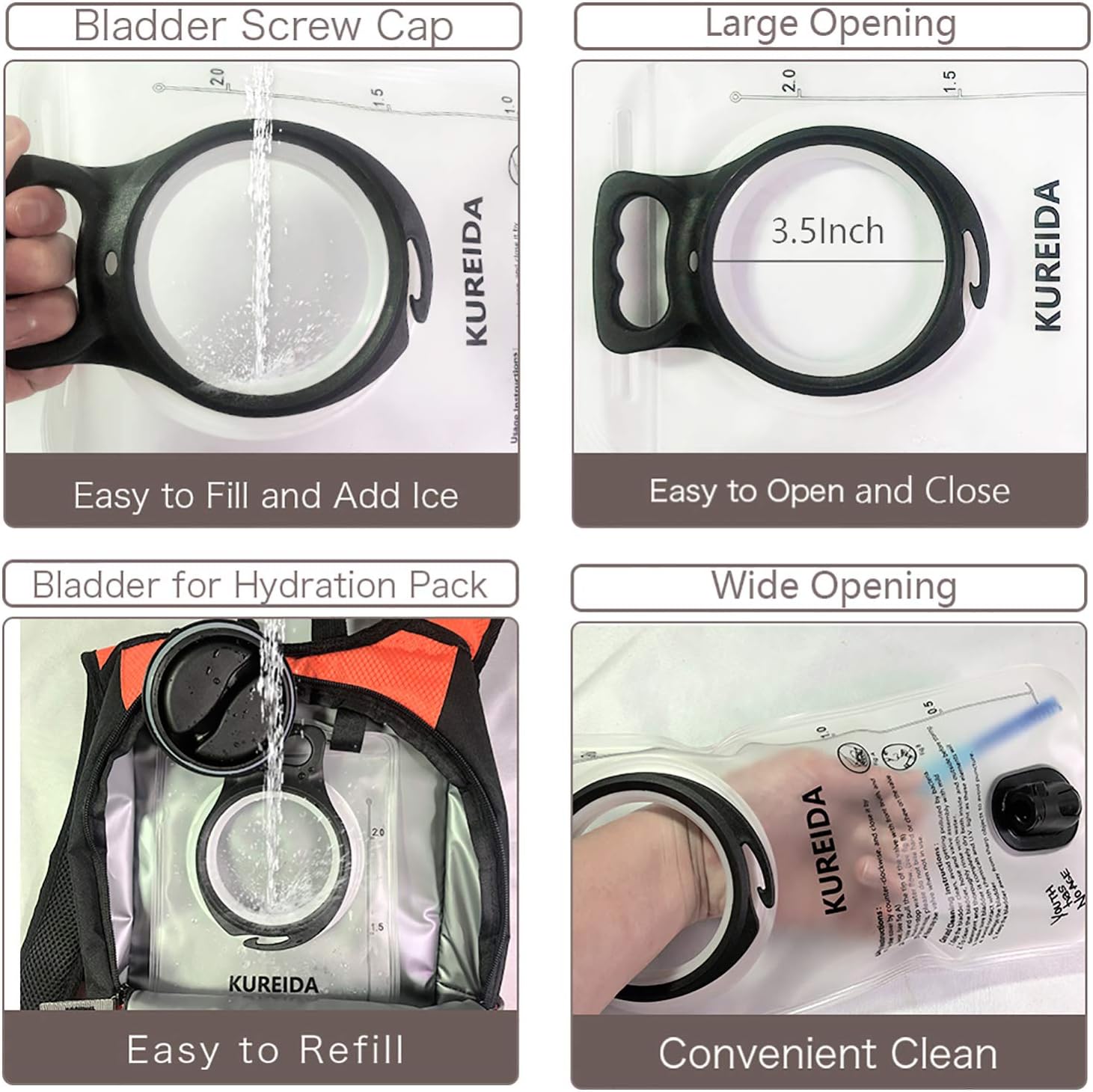 KUREIDA Hydration Bladder 2L-3L, Leak Proof Water Reservoir, BPA Free, Wide Opening