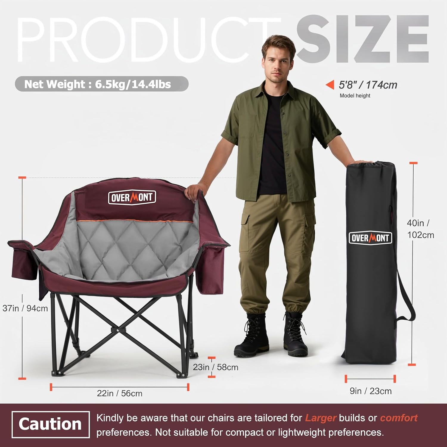 Overmont Oversized XL Camping Chair for Adults - 500lbs Support Heavy-Duty Padded Folding Chair with Side Pocket Cup Holder Cooling Bag for Outdoor Sports Garden Beach Fishing Lawn Black