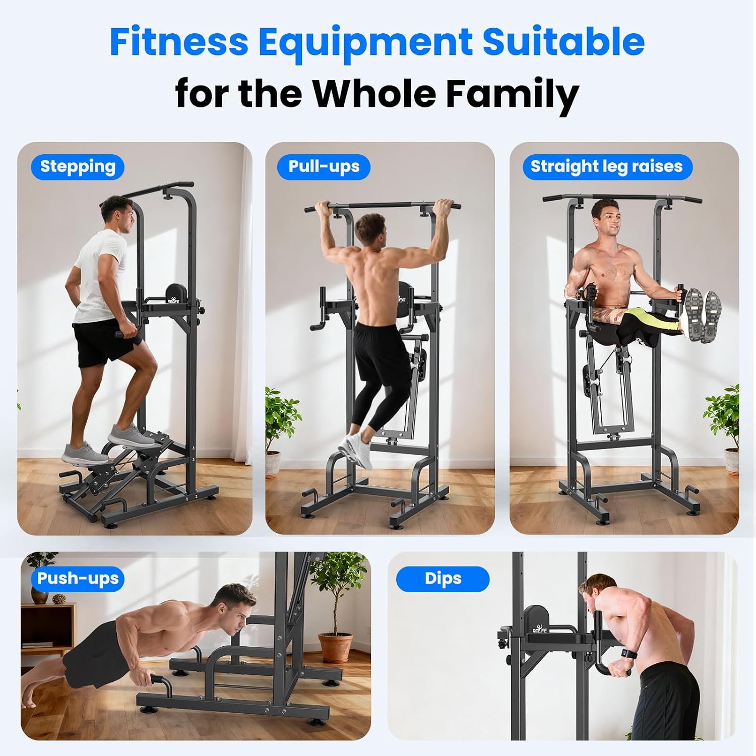 RELIFE REBUILD YOUR LIFE Pull Up Bar Free Standing Power Tower for Home Gym | Dip Station Pull Up Station, Multi-Function Home Fitness Equipment for Pull-Ups, Dips, Push-Ups, Full Body Strength Training