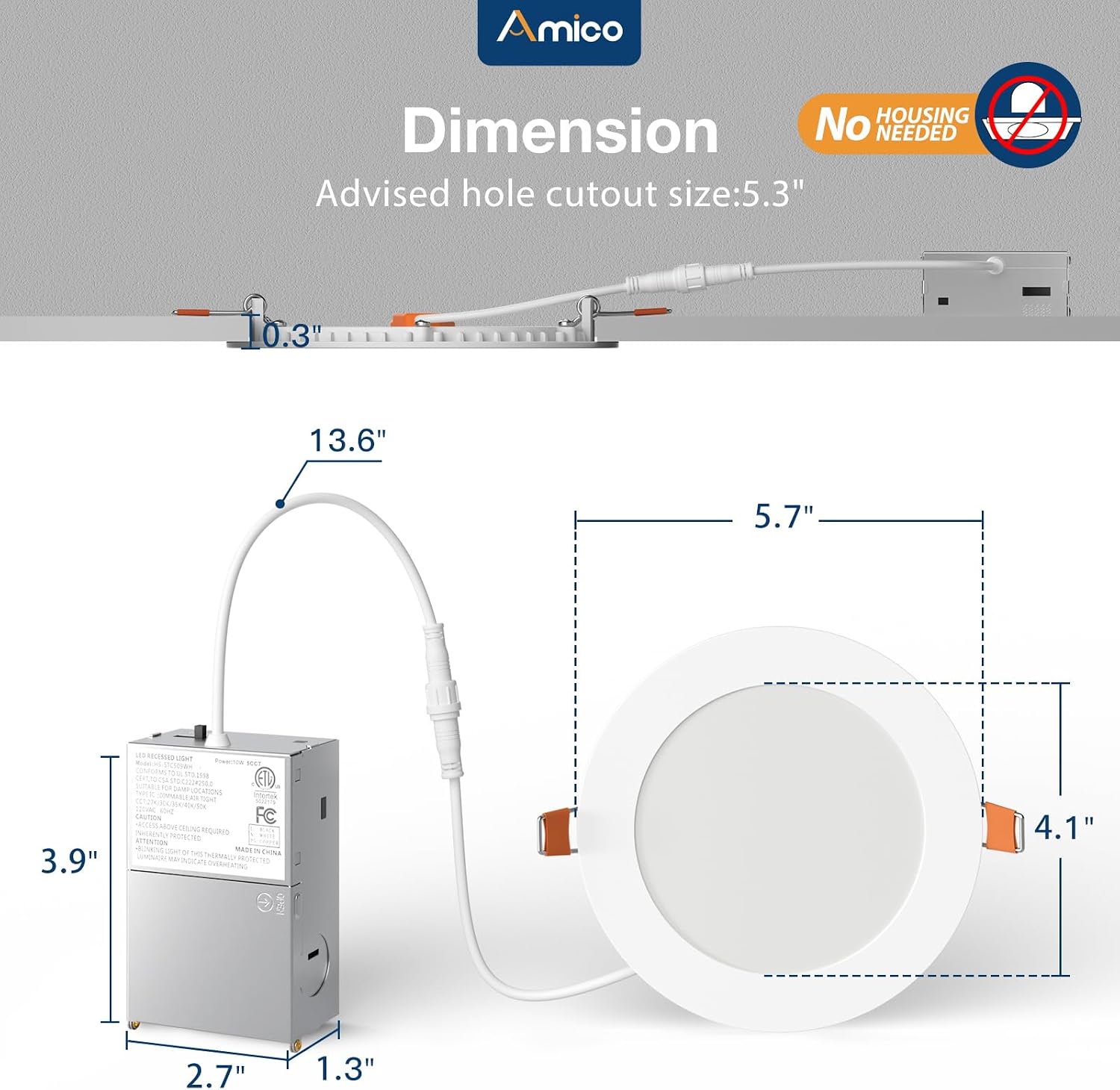 Amico 12 Pack 6 Inch LED Recessed Lighting, Canless Wafer Downlight, White