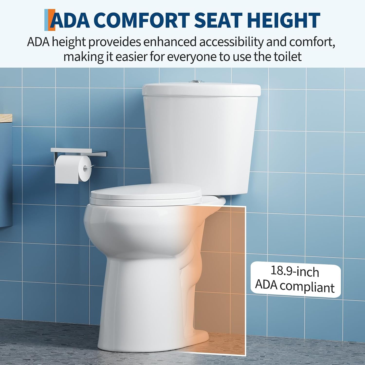 Two-Piece Toilets for Bathrooms, Comfort ADA Toilet with 19" Height, Elongated with Soft Close Seat, Power Flush 1.28 GPF