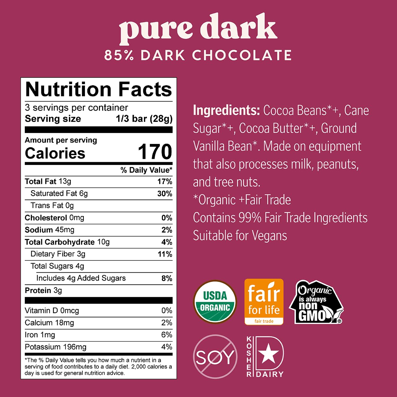 Theo Chocolate Pure Organic Dark Chocolate Bar 85% Cacao, 12 Pack | Vegan, Fair Trade