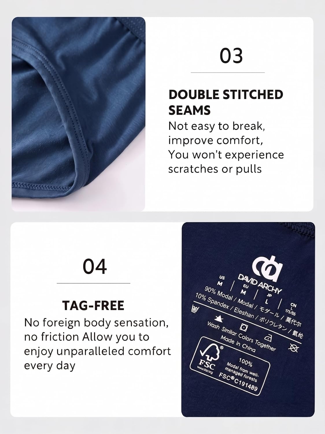 DAVID ARCHY Men's Soft Modal Briefs No Fly Support Pouch 4 or 7 Pack | Breathable moisture-wicking fabric Underwear features comfortable elastic waistbands and roomy 3D contours.