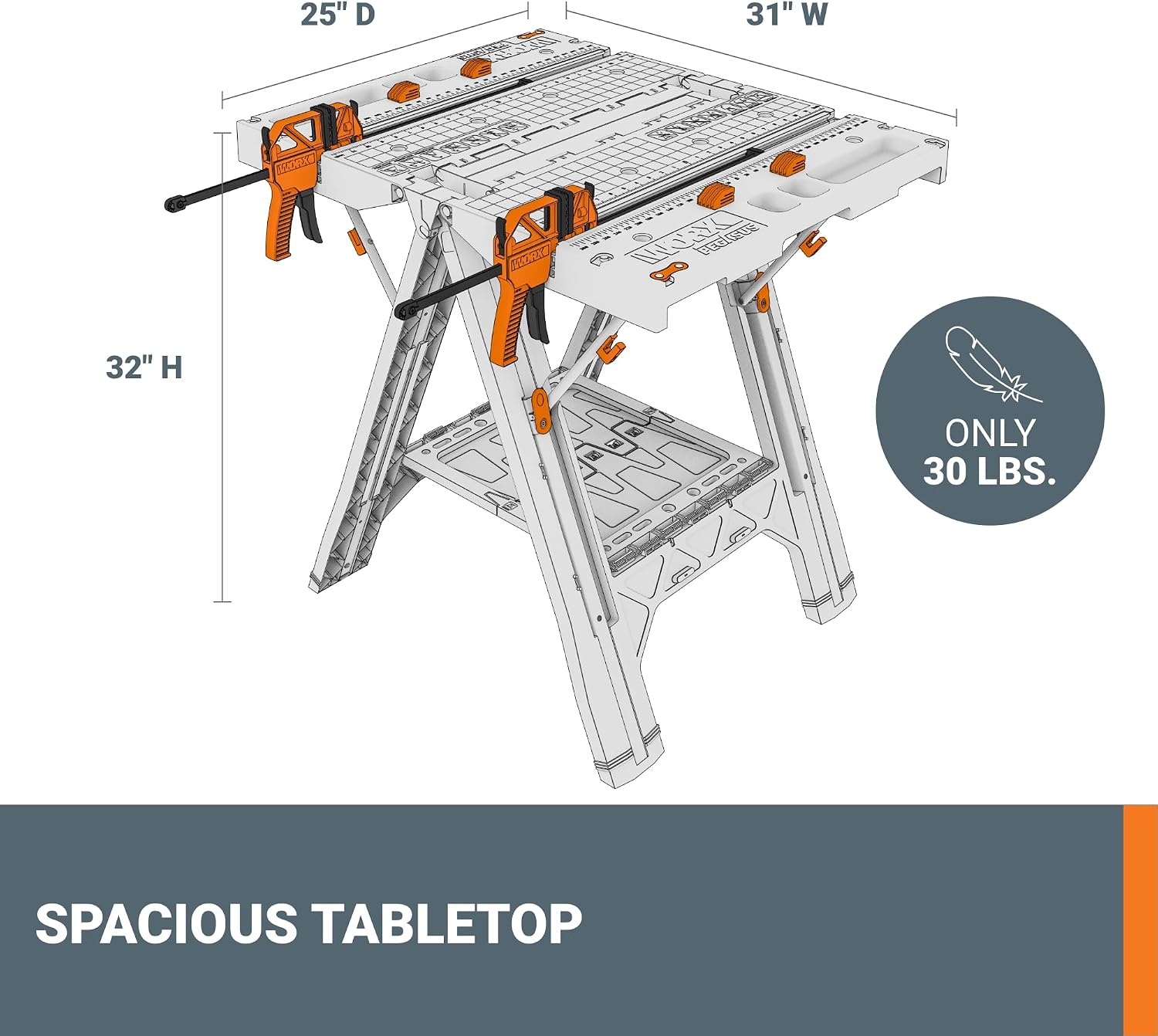 WORX Portable Folding Workbench, 2-in-1 Pegasus Table & Sawhorse, WX051 | 31"×25"×32" dimension, heavy load capacity, fast setup, includes 2 clamps & 4 clamp dogs, lightweight portable design