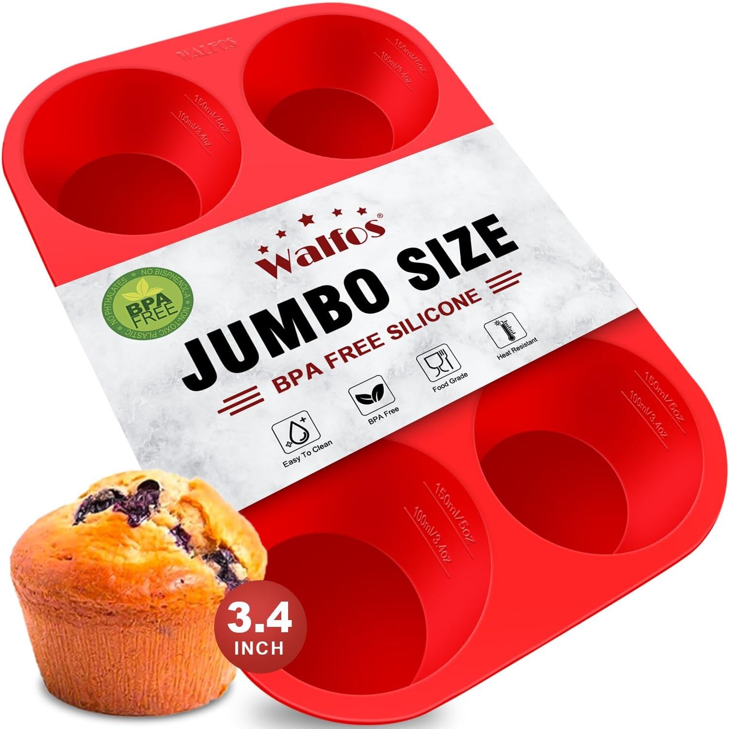 Walfos Silicone Texas Muffin Pan - 6 Cup Jumbo Silicone Cupcake Pan, Non-Stick, Just Release! Perfect for Egg Muffin
