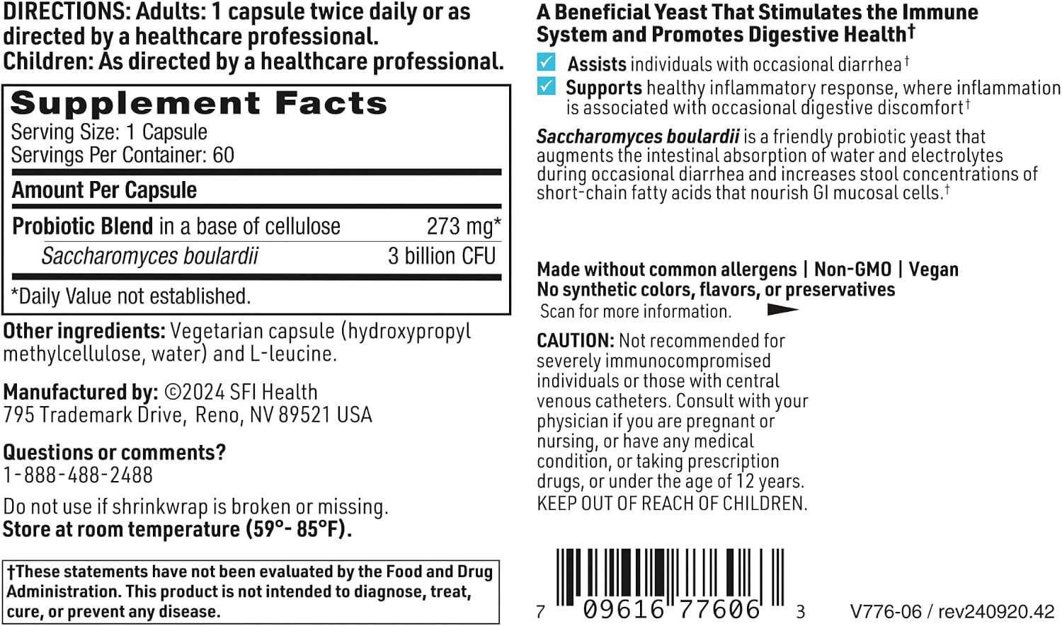 Klaire Labs SFI Health Saccharomyces Boulardii, 60 Count | 3 Billion CFU Yeast Probiotics for Digestive Health & Immune Support, Diarrhea Relief for Healthy Bowel Function