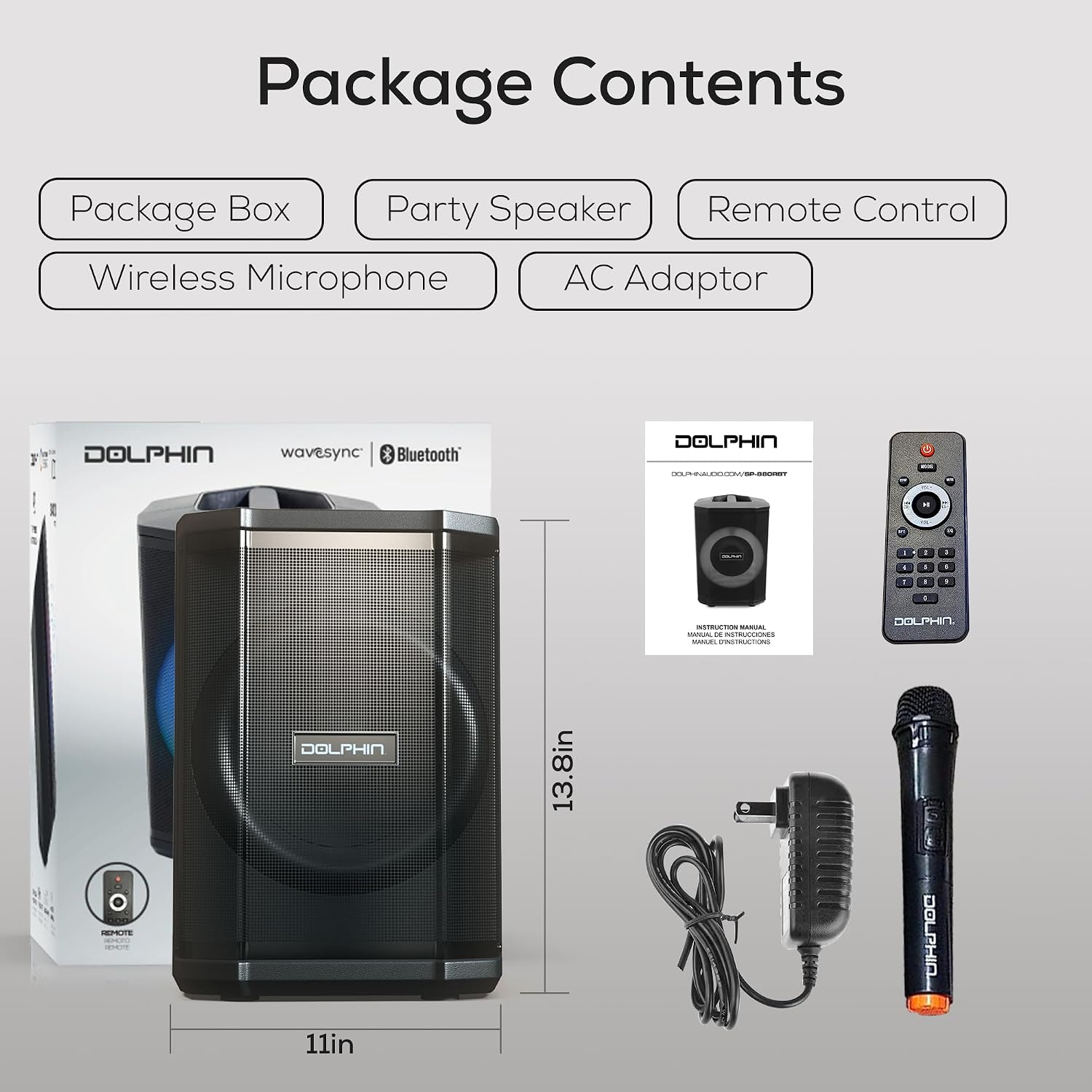 Dolphin Bluetooth Party Speaker with Wireless Microphone, 8" Woofer | 40W RMS, Tiltable Design, WaveSync TWS, LED Ring Light, USB/TF/AUX/FM