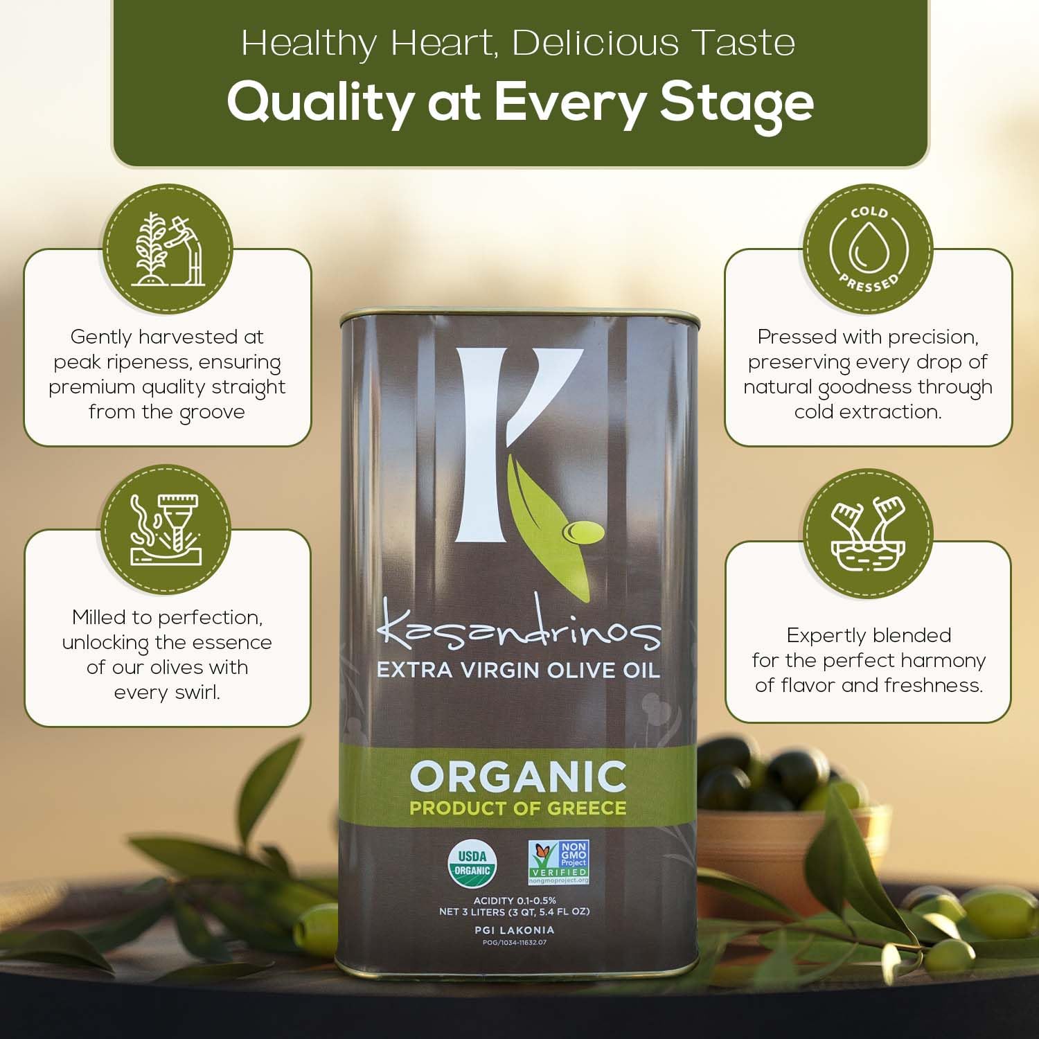 Kasandrinos Organic Olive Oil Extra Virgin, Polyphenol Rich Greek Olive Oil, 100% Organic First Cold Pressed, Mild + Delicate Flavor, Verified by Non GMO, 500 ml / 16.9 oz