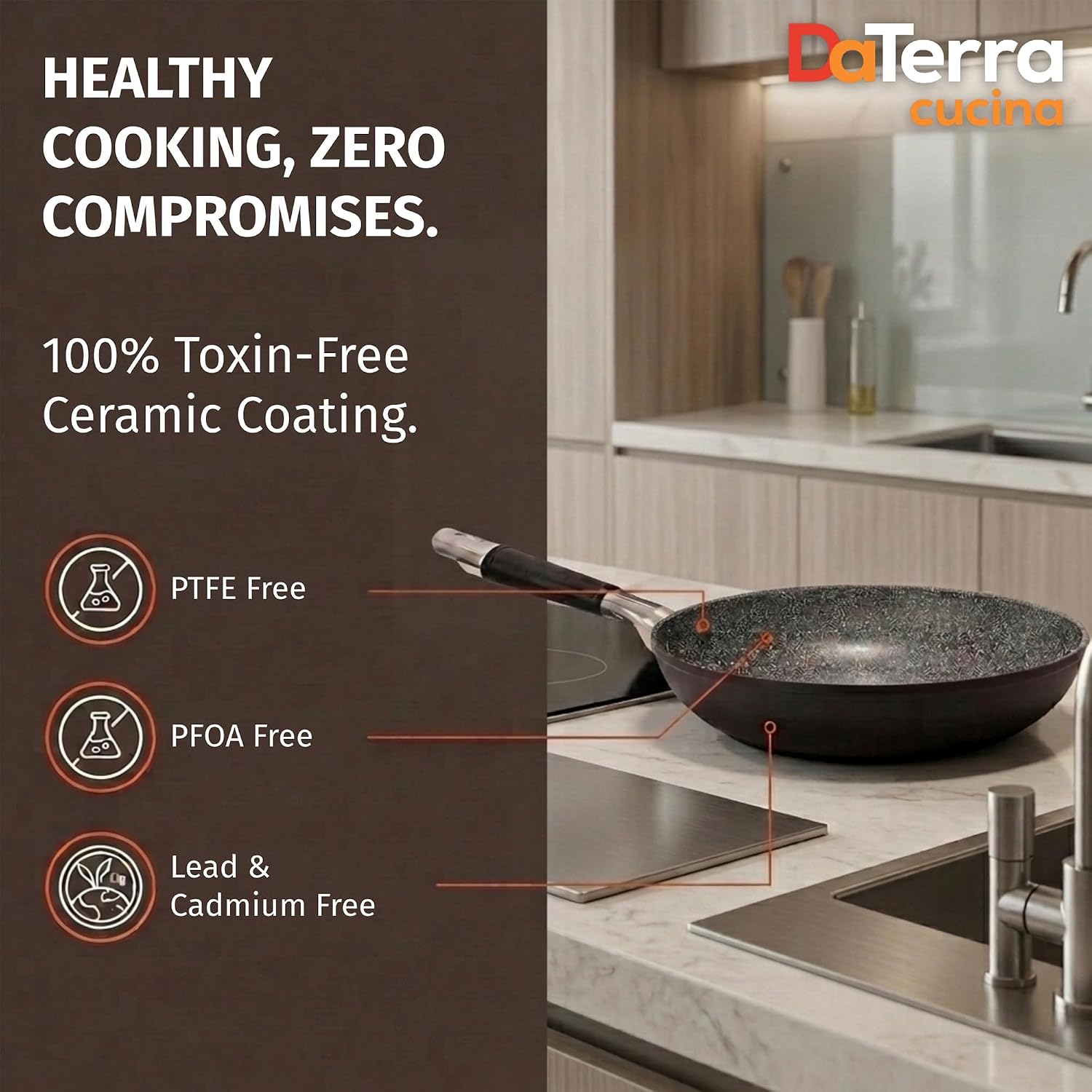 DaTerra Cucina - Ceramic Frying Pan, Induction & Oven, Made In Italy, 9.5" | Made in Italy, Induction Compatible, Oven-Safe up to 450°F, PFAS-free, Ergonomic Handle, Easy Cleanup, Even Heating