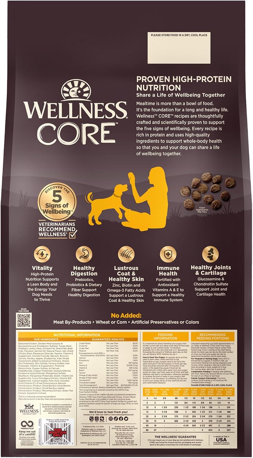 Wellness CORE Puppy Dry Dog Food, Grain Free Kibble, Natural, High Protein, Chicken and Turkey Recipe, 4 lb Bag