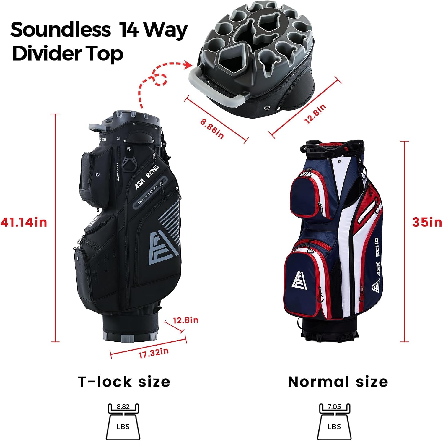 ASK ECHO T-Lock 3.0 Golf Cart Bag, Quiet 14-Way Full-Length Divider