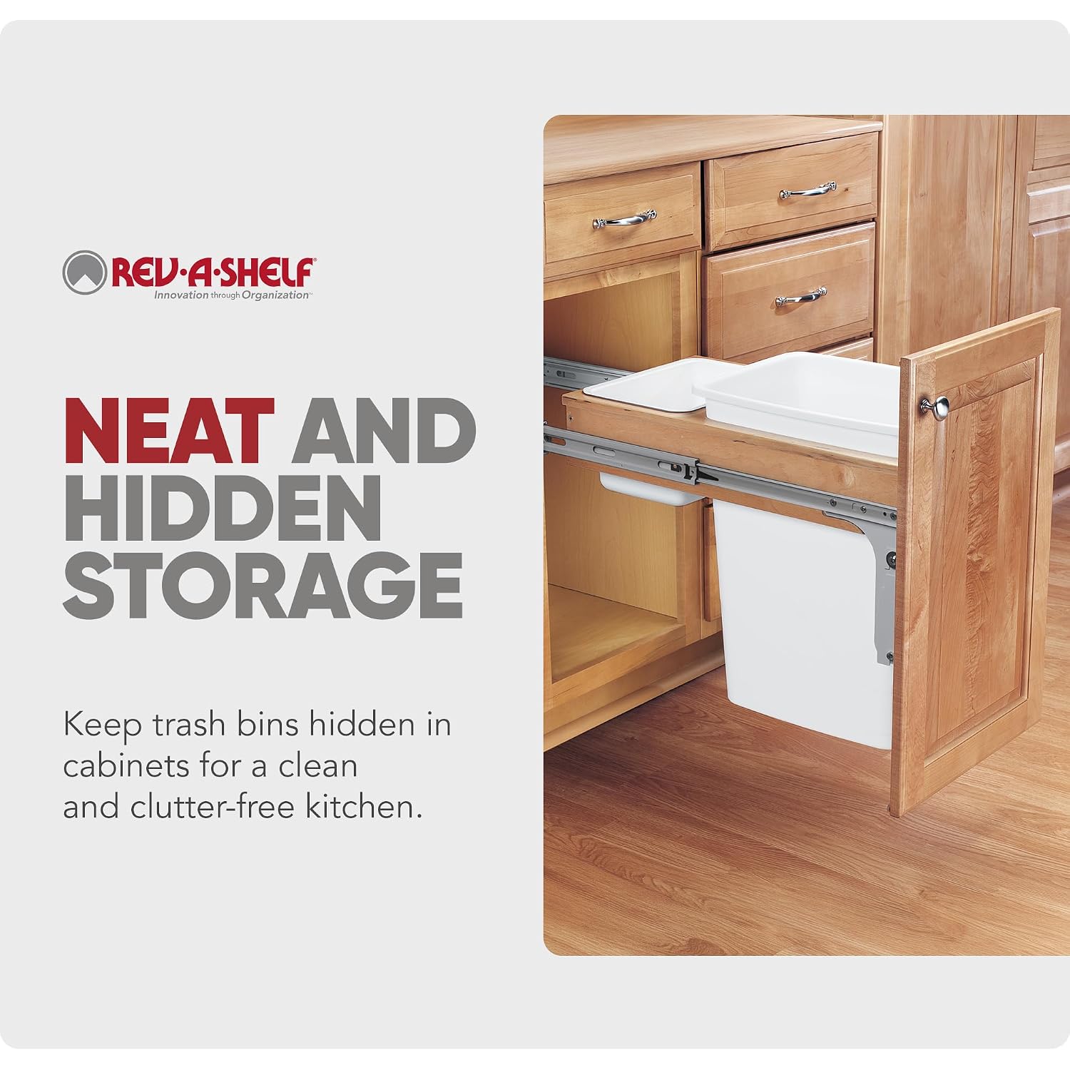 Rev-A-Shelf 35 Qt Top Mount Double Pullout Under Cabinet Kitchen Trash Cans for Base Cabinets, 150 Pound Rated Full-Extension Slides, Min Opening Width of 14.75", White, 4WCTM-18DM2-162