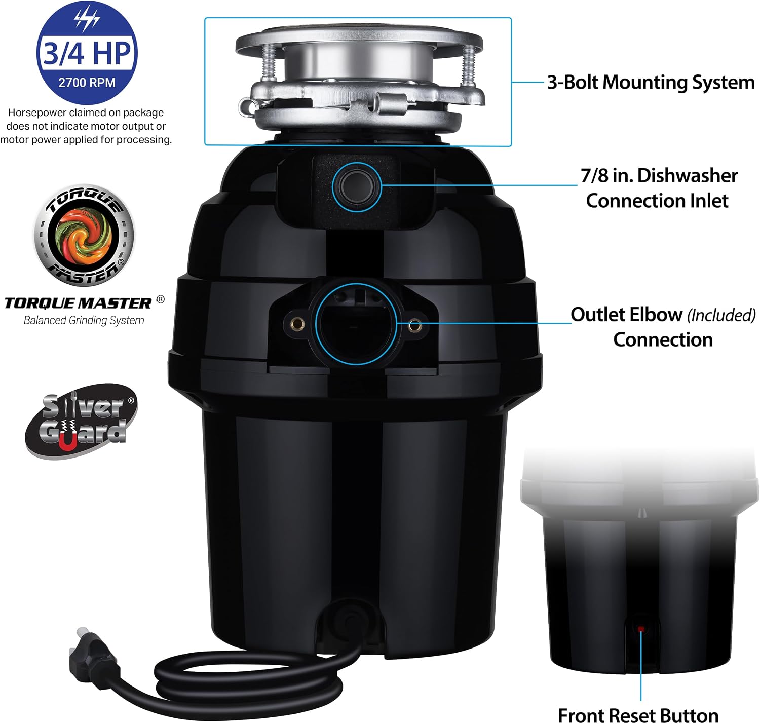 Eco Logic 1/3 HP Garbage Disposal, Universal 3-Bolt Mount, Power Cord