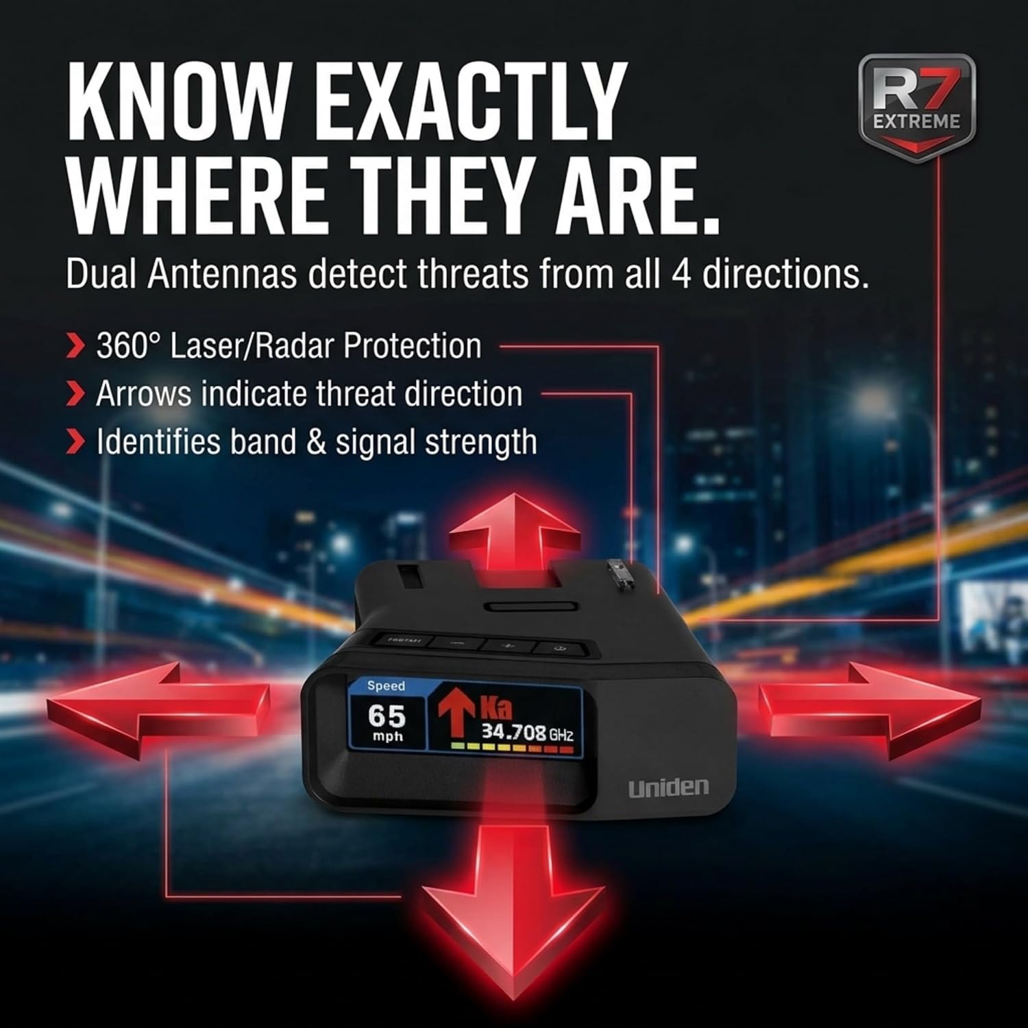 Uniden R7 Extreme Long-Range Laser-Radar Detector, Built-in GPS w/ Real-Time Alerts, Dual-Antennas Front & Rear w/Directional Arrows, Voice Alerts