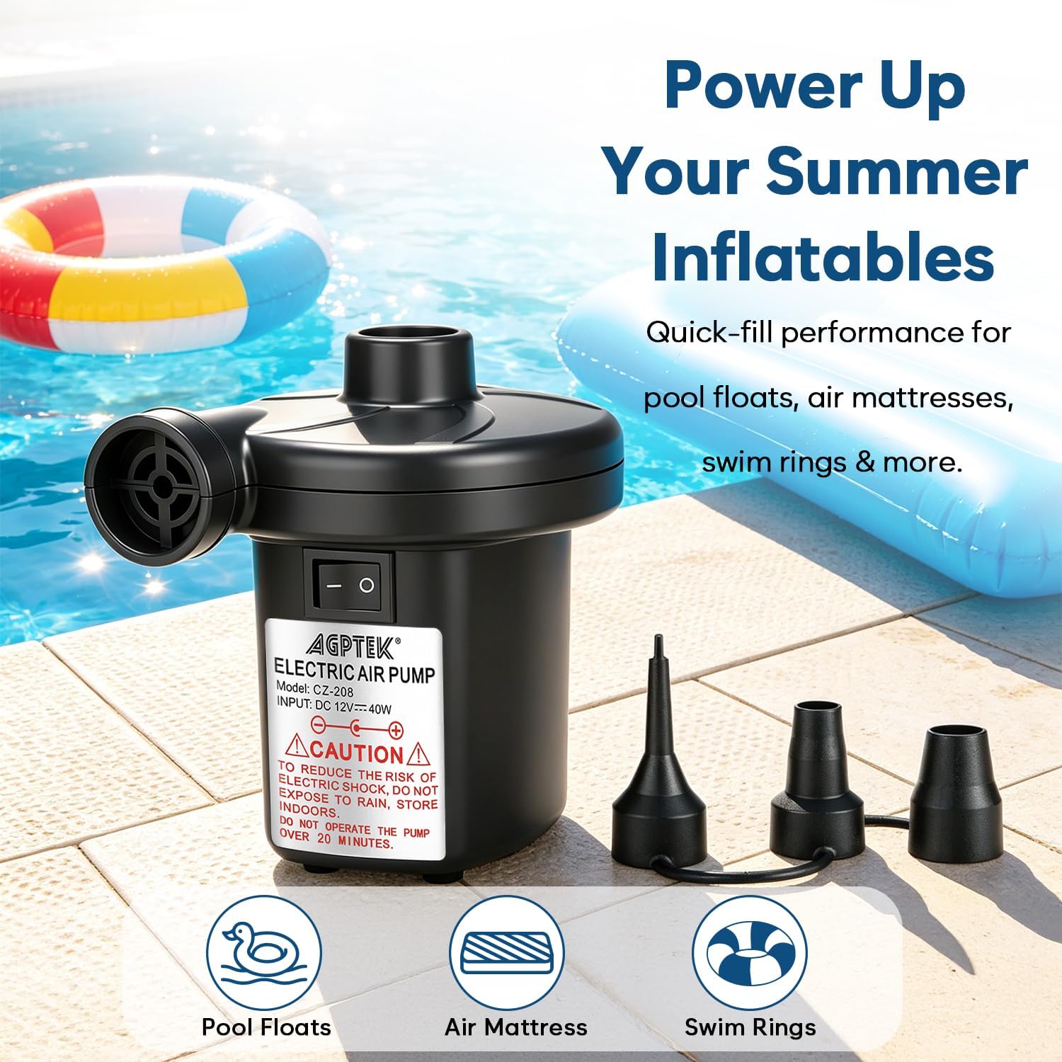 AGPTEK Electric Air Pump for Inflatables, 110V AC &12V DC Inflator Deflator | 4.5kPa Quick-Fill, 3 Nozzles, Portable Air Pumps for Outdoor Camping