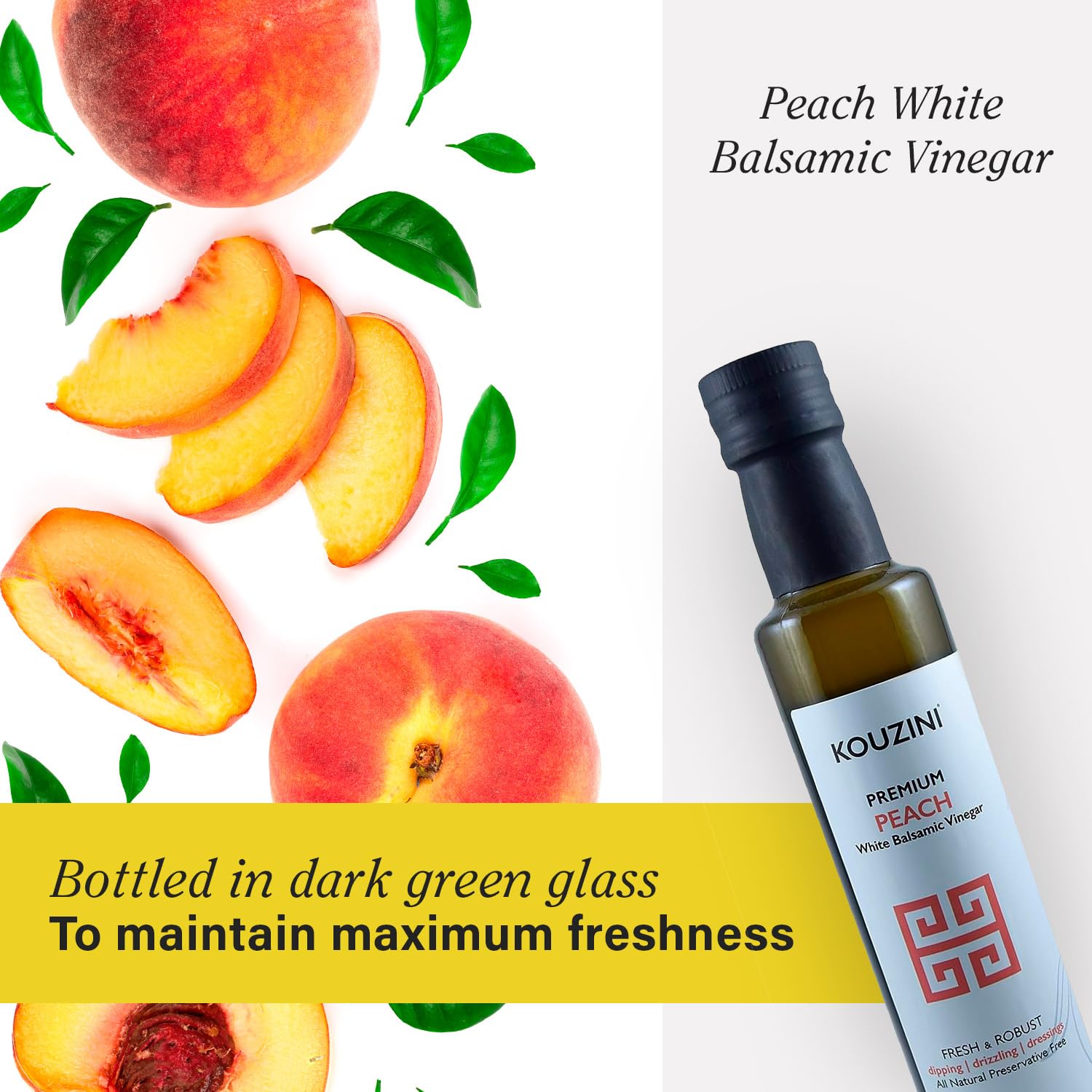 Kouzini Ultra-Premium Peach White Balsamic Vinegar, Aged, No Added Sugars or Preservatives, Ideal for Salads, Meats, Fish, Pizza, & Bread Dipping, Luxurious Balsamic Vinegar of Modena, 250ml
