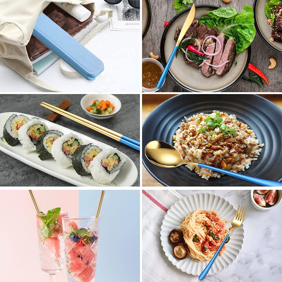 AARAINBOW 6 Pieces 18/8 Stainless Steel Flatware Set Portable Reusable Cutlery Set Travel Utensils Set Including Chopsticks Knife Fork Spoon Straws
