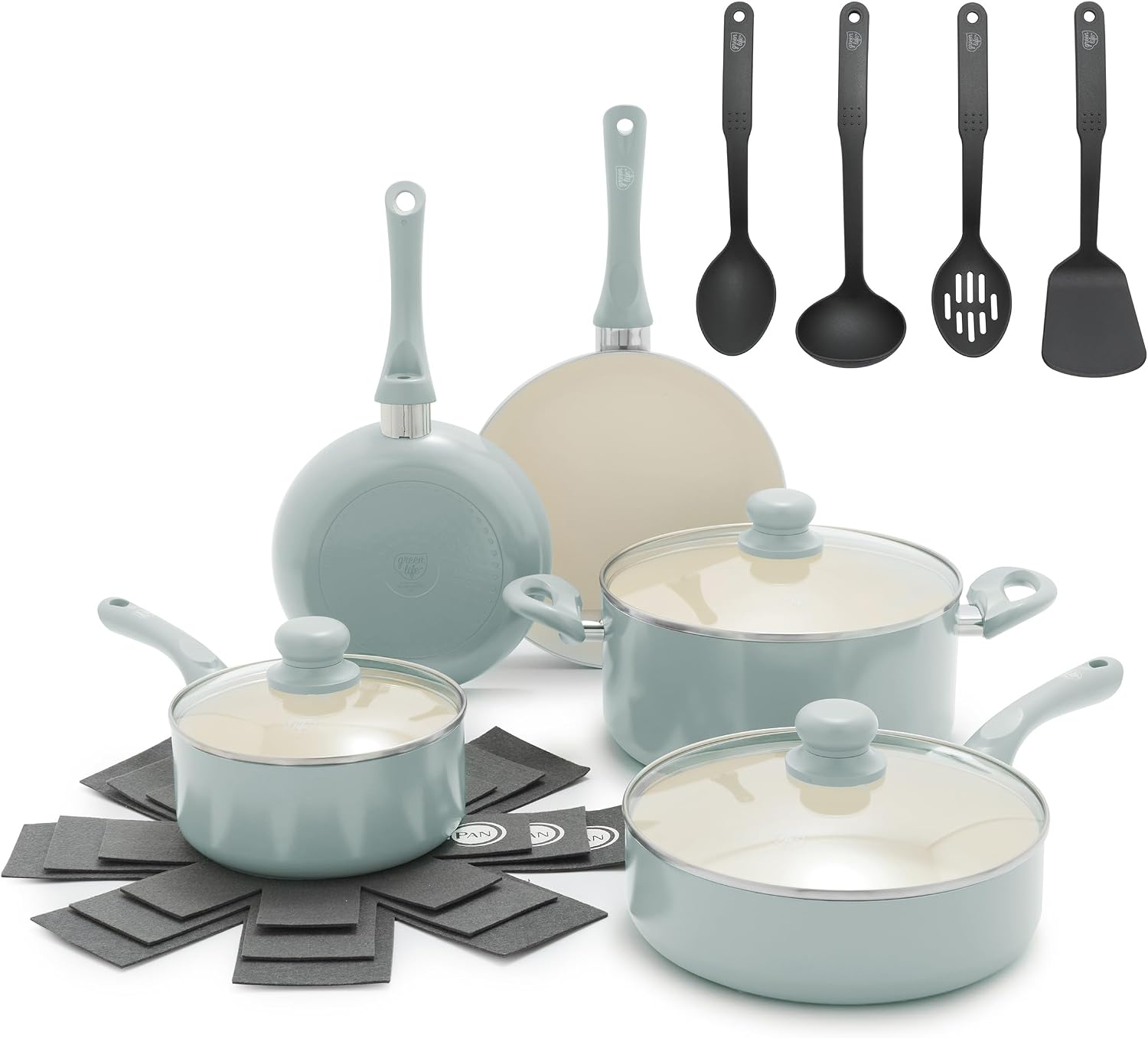 GreenLife 16 Piece Ceramic Nonstick Pots & Pans Cookware Set, Turquoise | PFAS-Free Ceramic Nonstick, Stockpot, Frying Pans, Saucepans, Sauté Pan, Stay-Cool Handles, Dishwasher & Oven Safe up to 350F