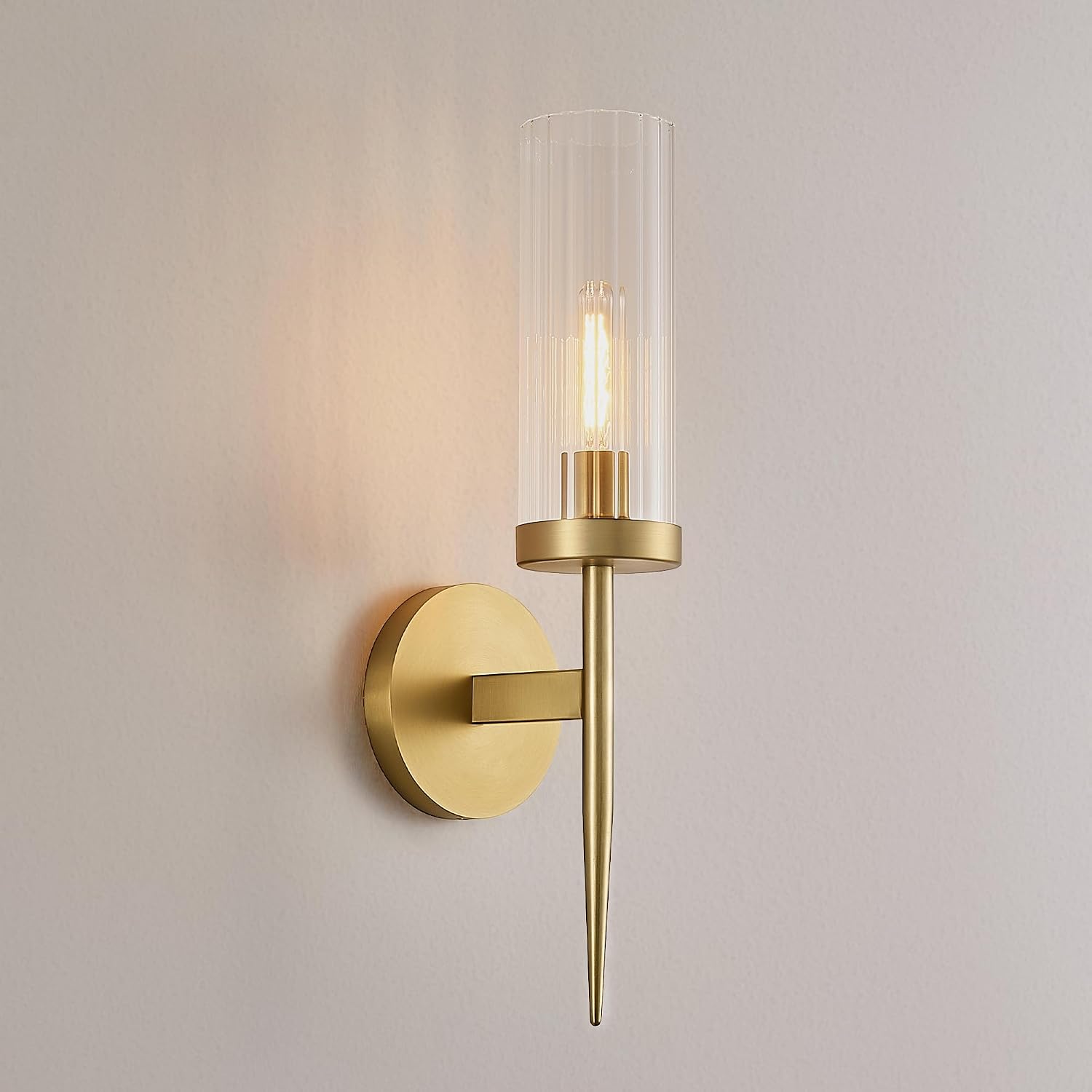 Modern Brushed Brass Wall Sconce, 1-Light Wall Lamp with Clear Glass Shade | H16.9", Mounted Light, with E12 Socket, Ideal for Bathroom Vanity Mirror