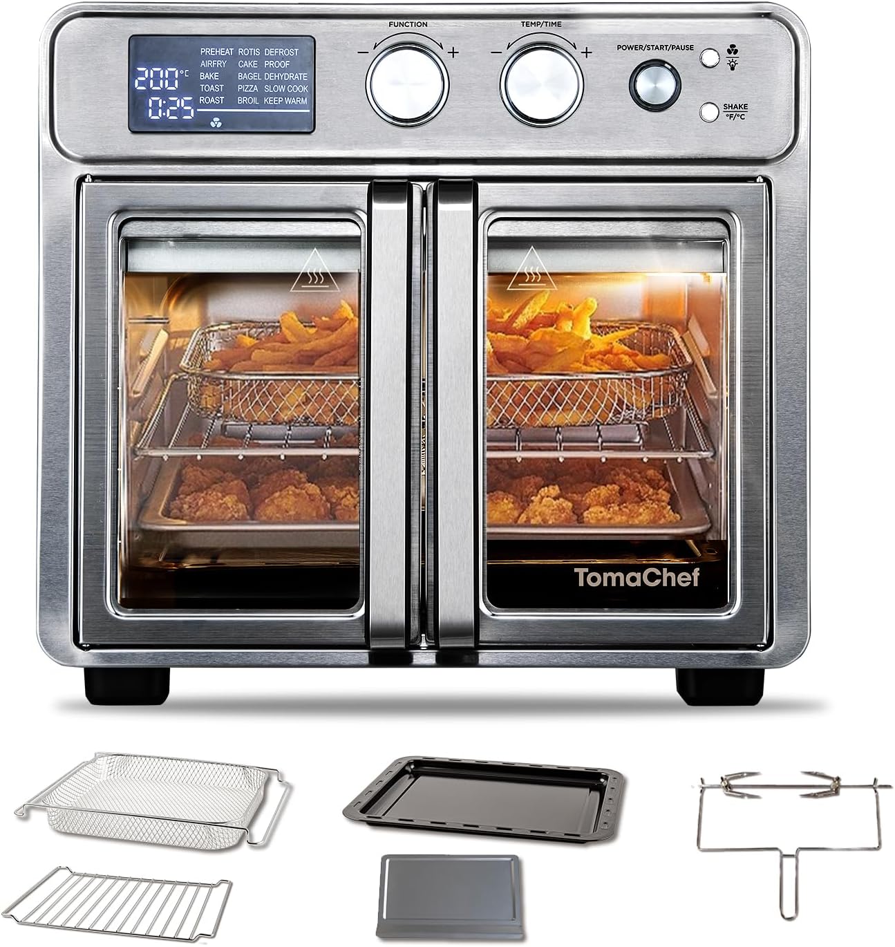 TomaChef 26QT French Door Air Fryer Oven Combo, 15-in-1 | 15 Cooking Functions and Digital Controls, 30 Recipes & 5 Accessories