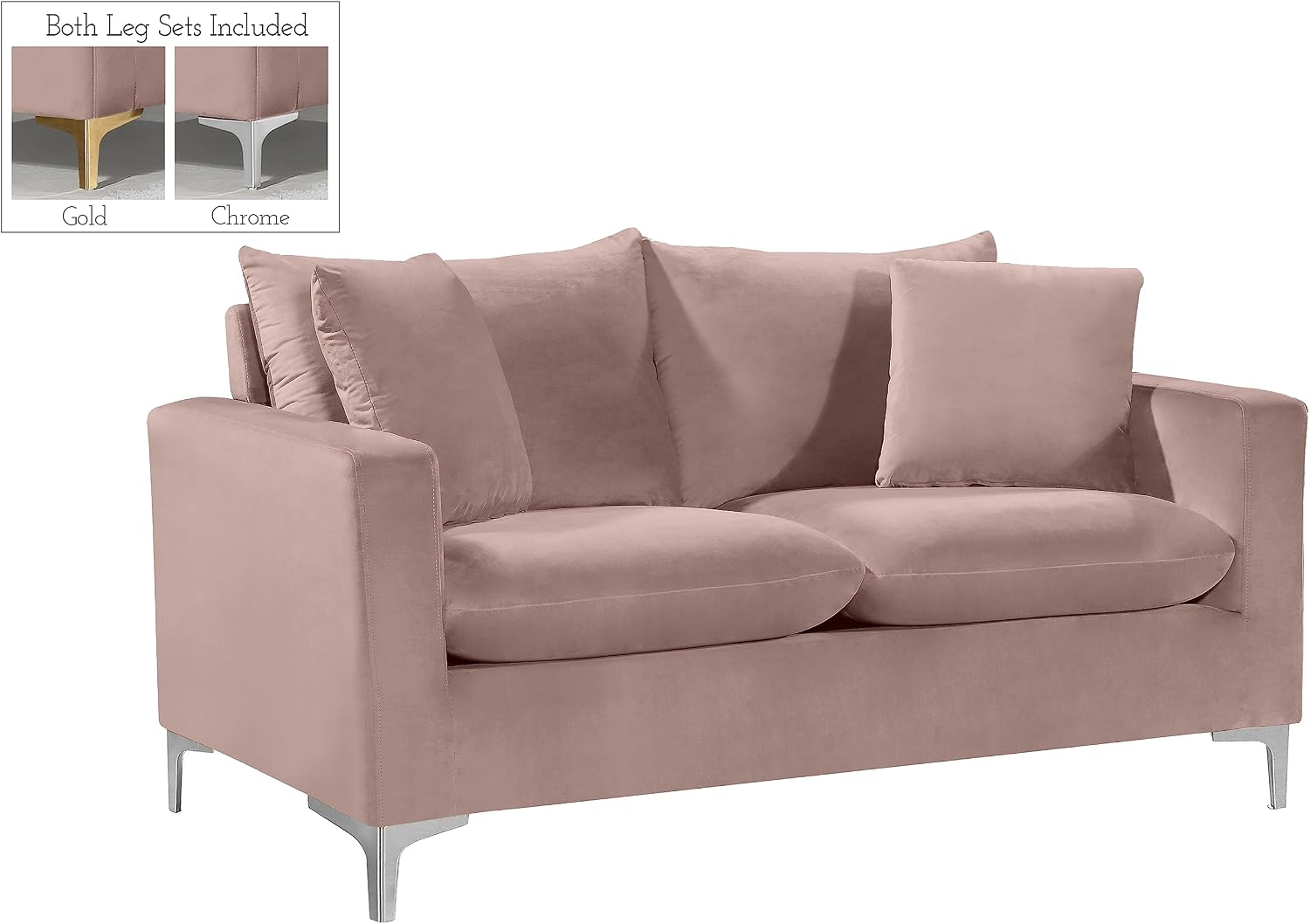 Meridian Furniture Naomi Collection Modern | Contemporary Grey Velvet Upholstered Loveseat with Stainless Steel Base in a Rich Gold or Chrome Finish, 633Grey-L