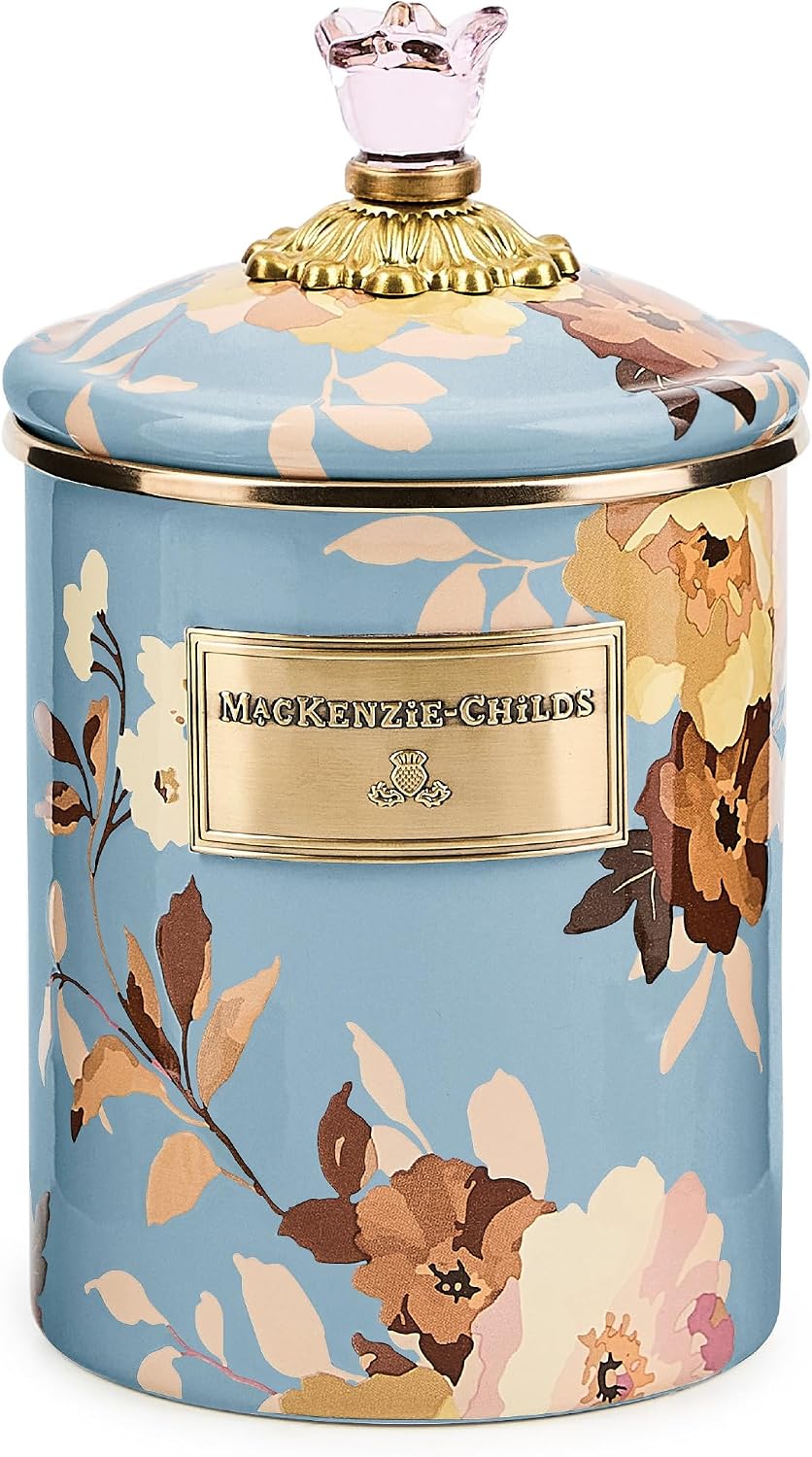 MACKENZIE-CHILDS Enamel Canister, Medium, White Butterfly Garden | Hand-applied design, made from enameled steel, versatile kitchen storage container for flour and sugar, 48-ounce capacity